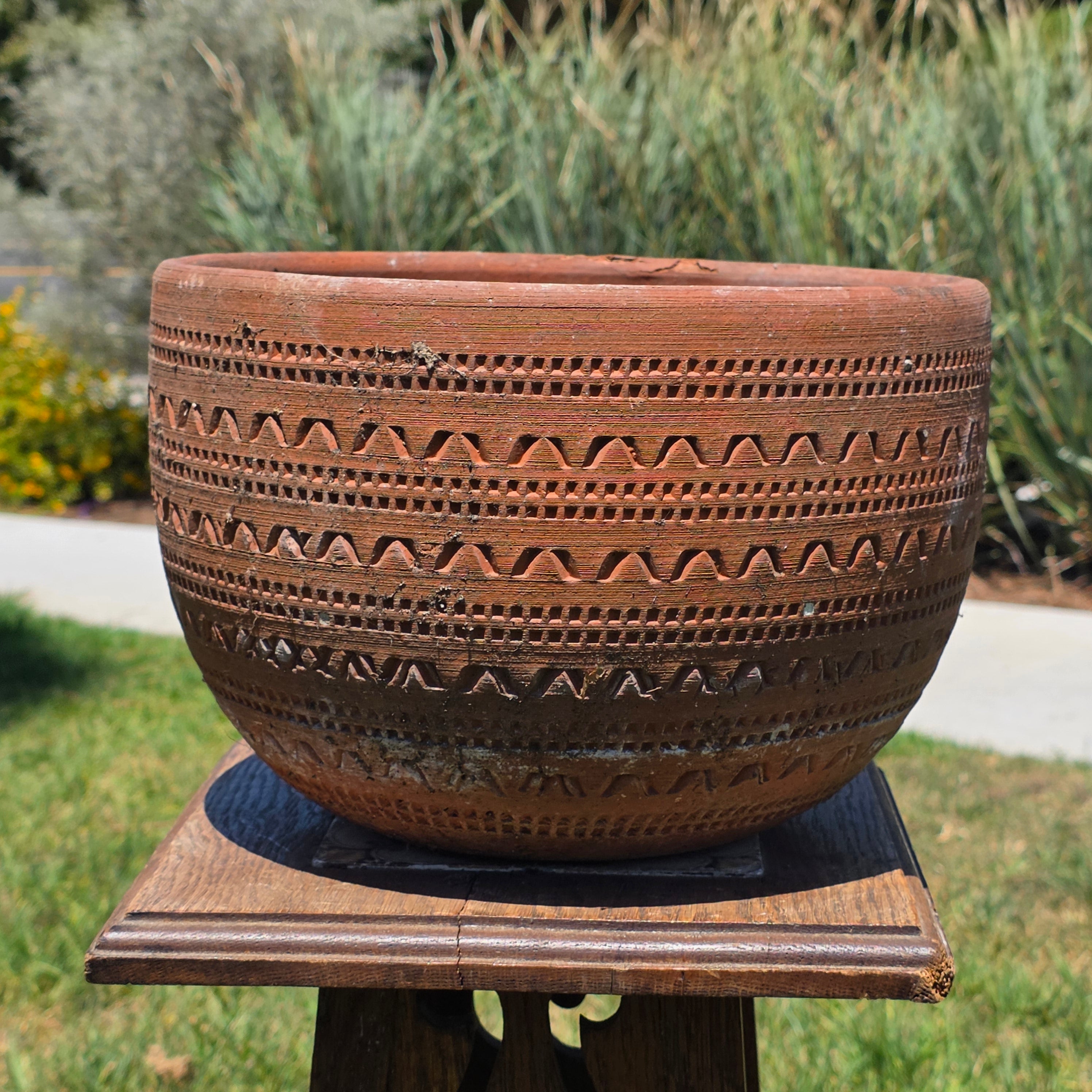 Vintage Large Terracotta Planter Pot Geometric Aztec Southwestern Clay 11.5"