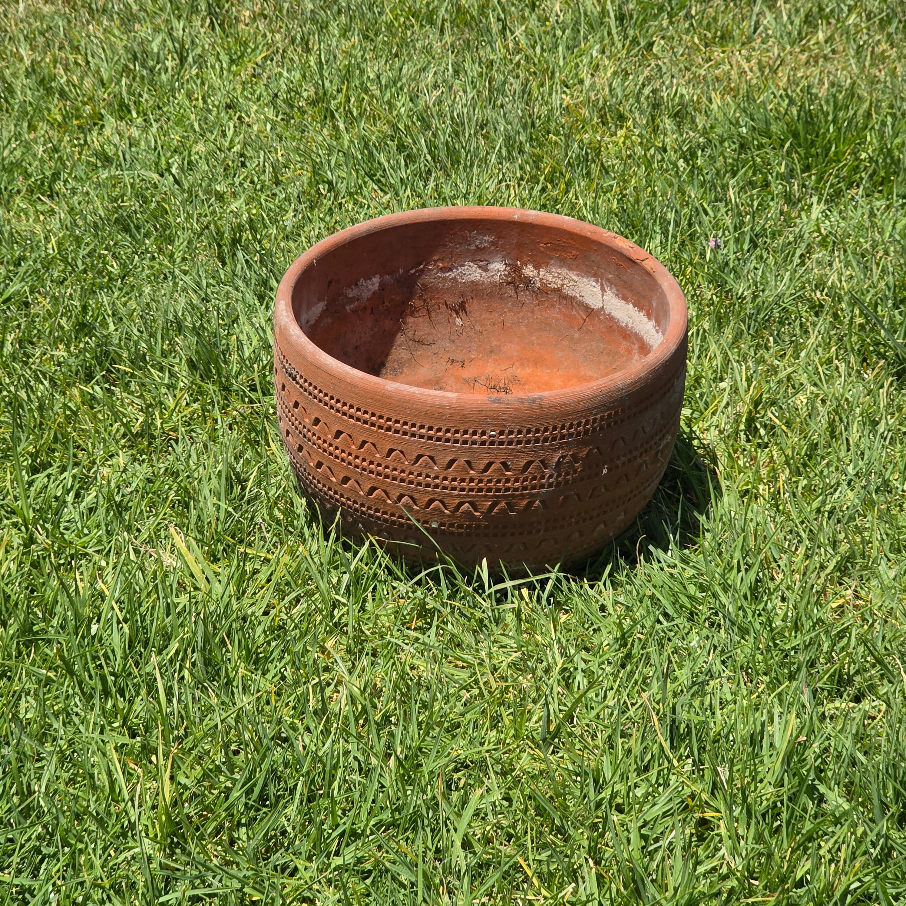 Vintage Large Terracotta Planter Pot Geometric Aztec Southwestern Clay 11.5"