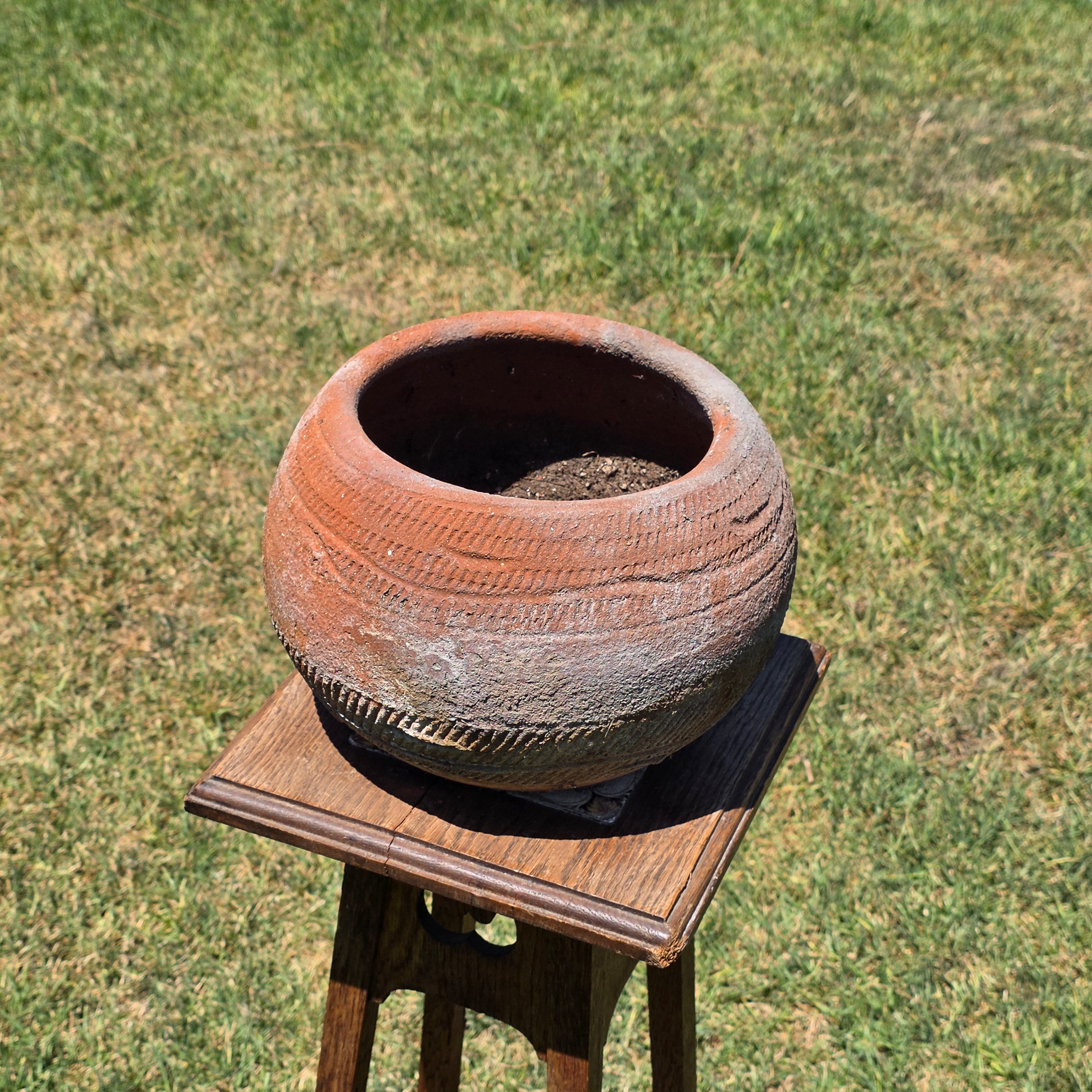 Vintage Rustic Terracotta Planter Pot Round Primitive Textured Clay Wabi-Sabi 11"