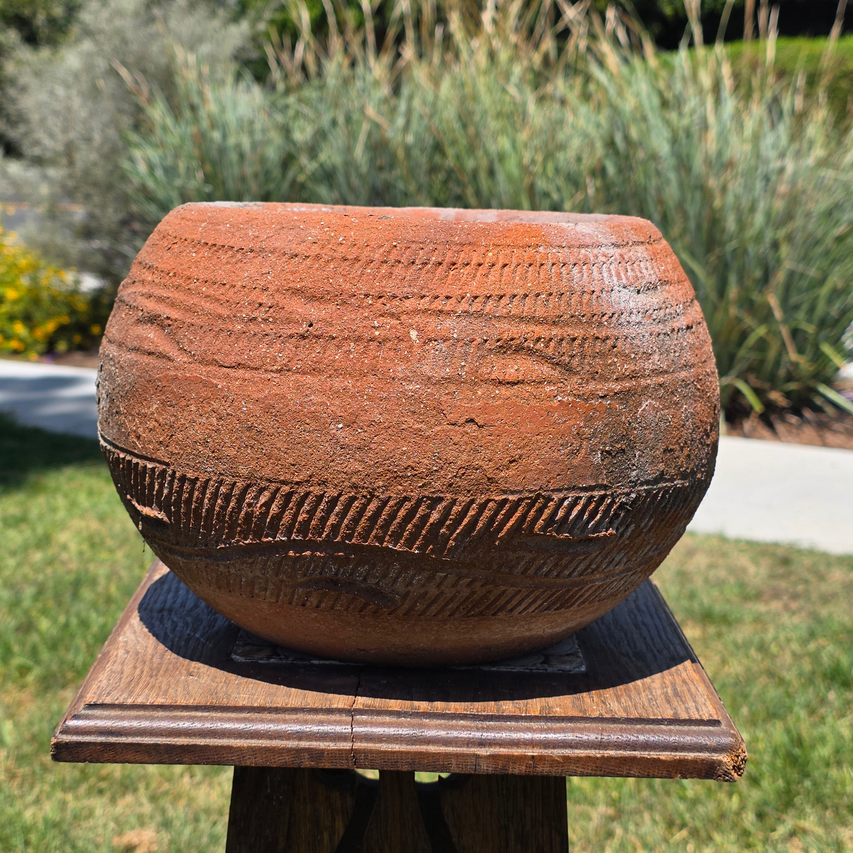 Vintage Rustic Terracotta Planter Pot Round Primitive Textured Clay Wabi-Sabi 11"