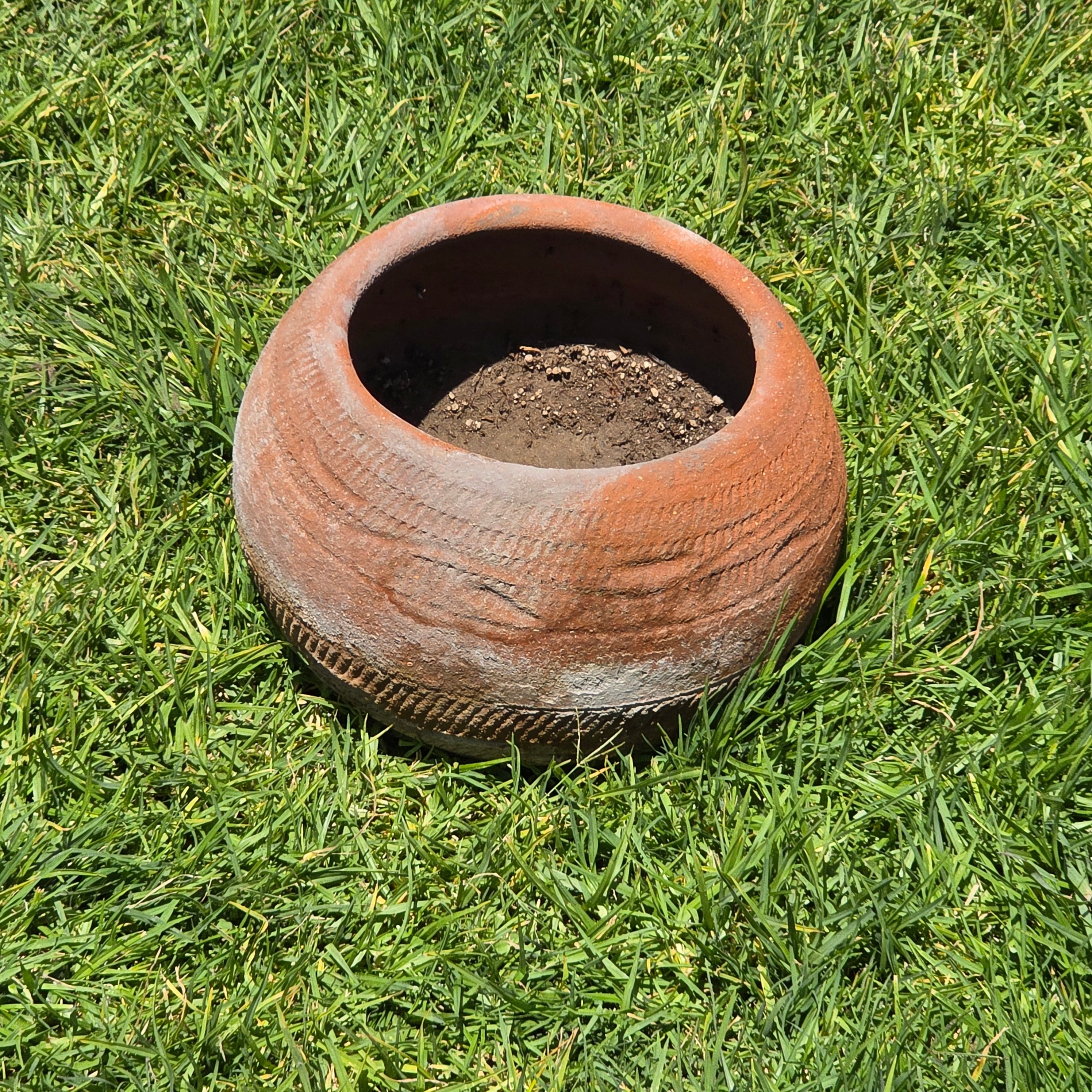 Vintage Rustic Terracotta Planter Pot Round Primitive Textured Clay Wabi-Sabi 11"