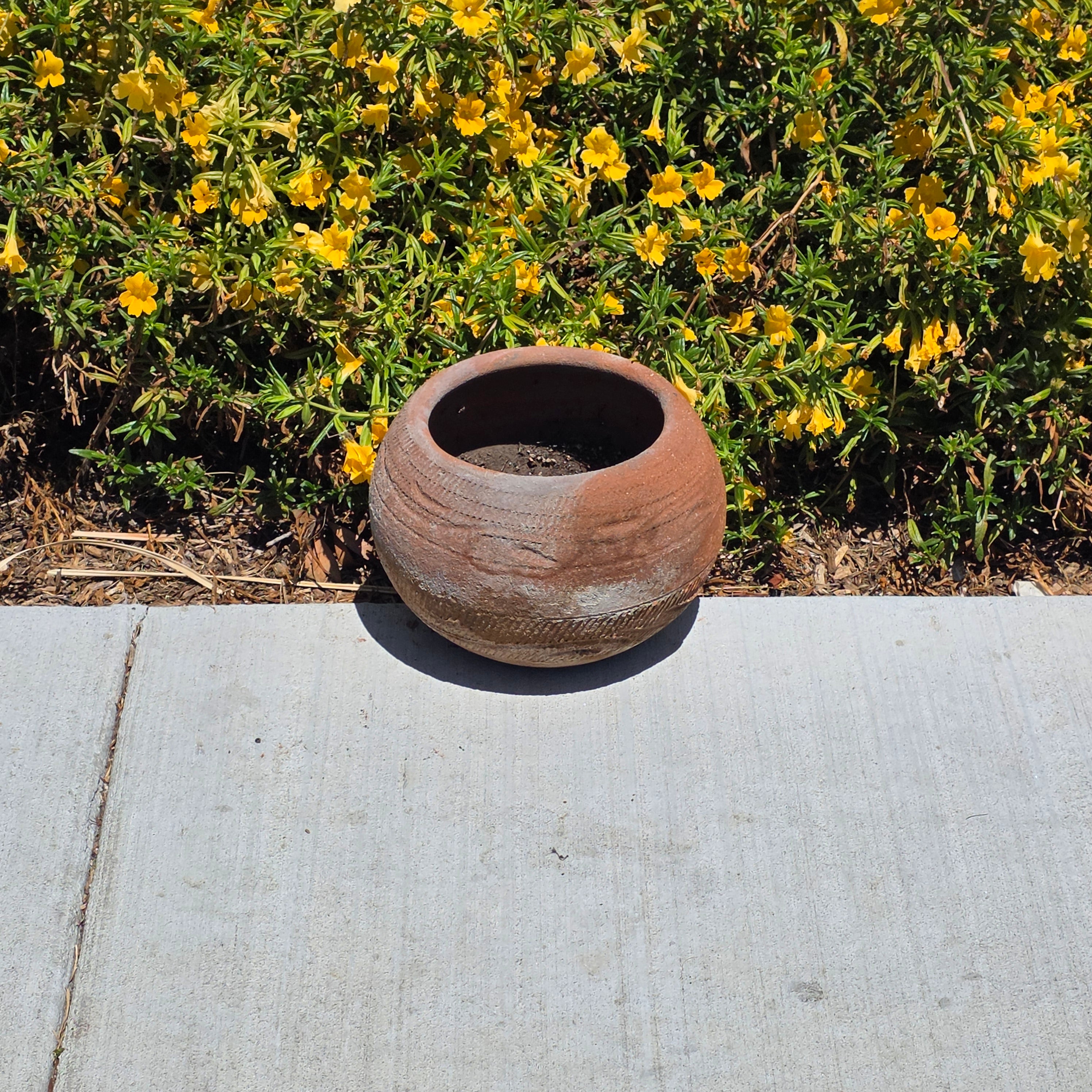 Vintage Rustic Terracotta Planter Pot Round Primitive Textured Clay Wabi-Sabi 11"
