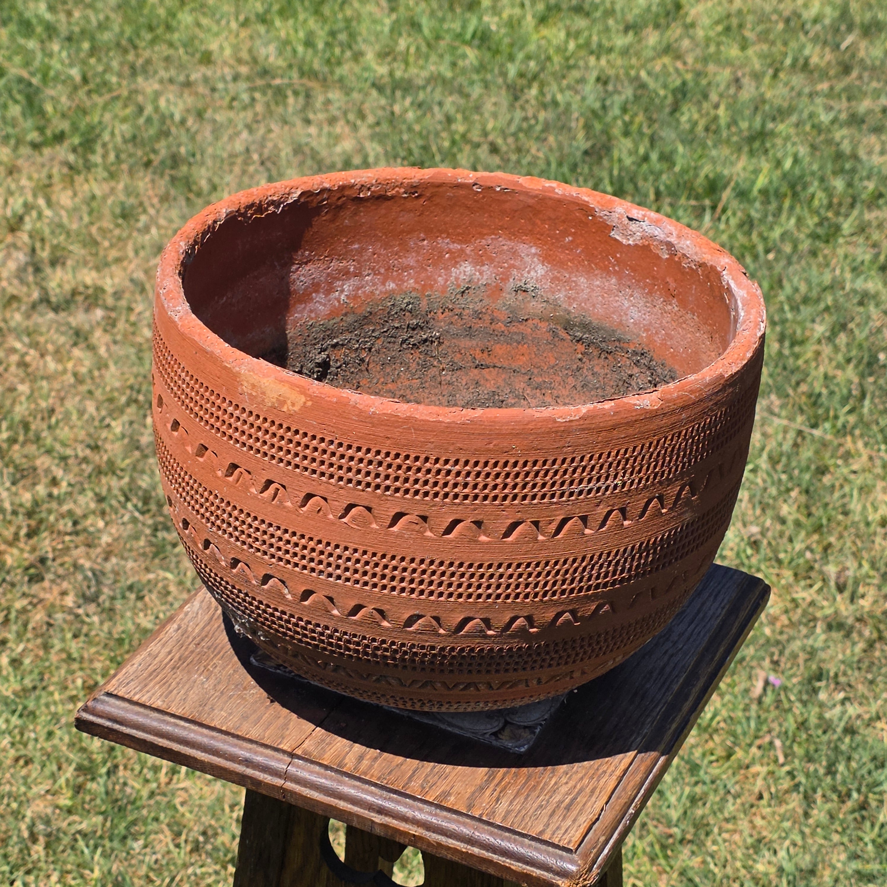 Vintage Large Terracotta Planter Pot Geometric Aztec Southwestern Clay 11.5"