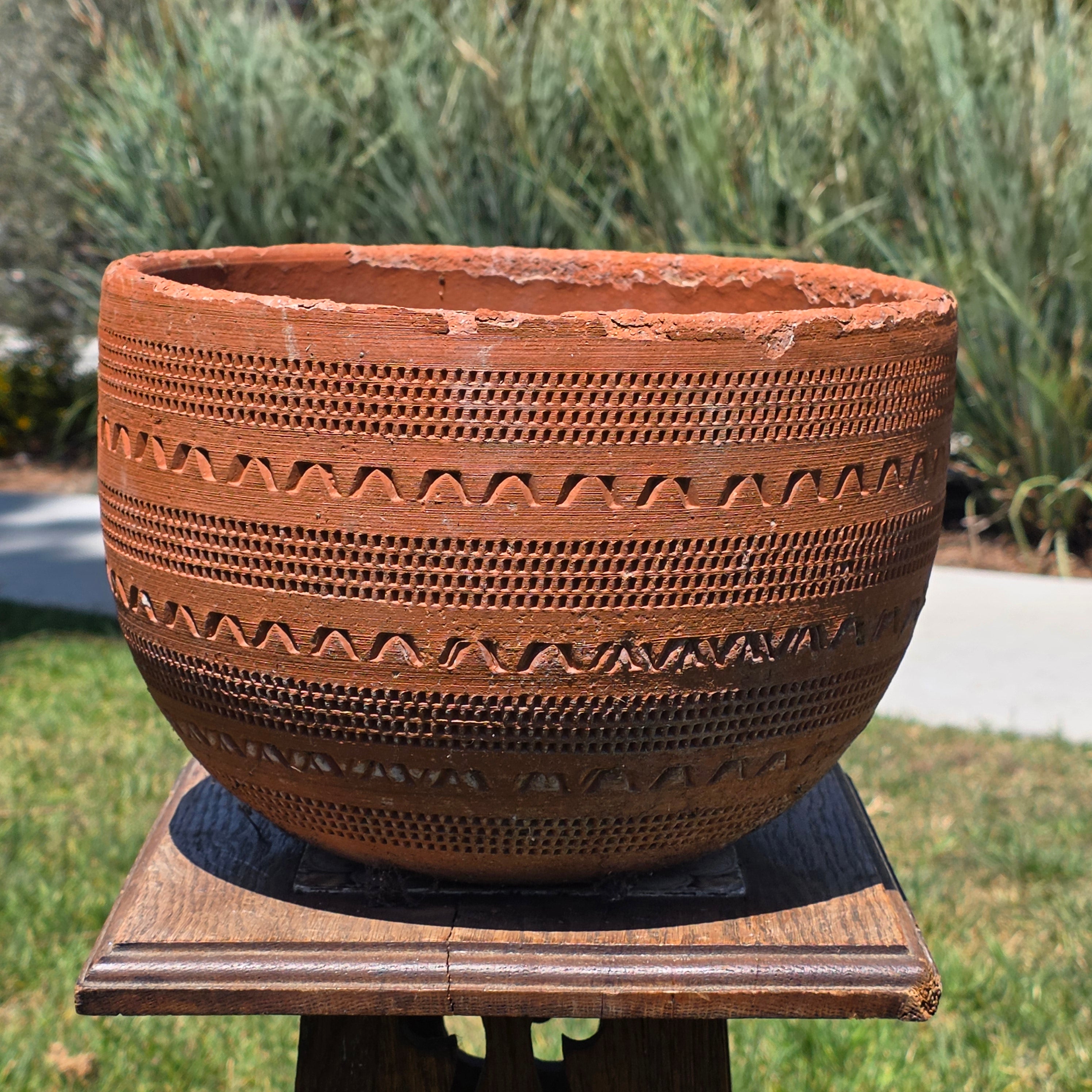 Vintage Large Terracotta Planter Pot Geometric Aztec Southwestern Clay 11.5"