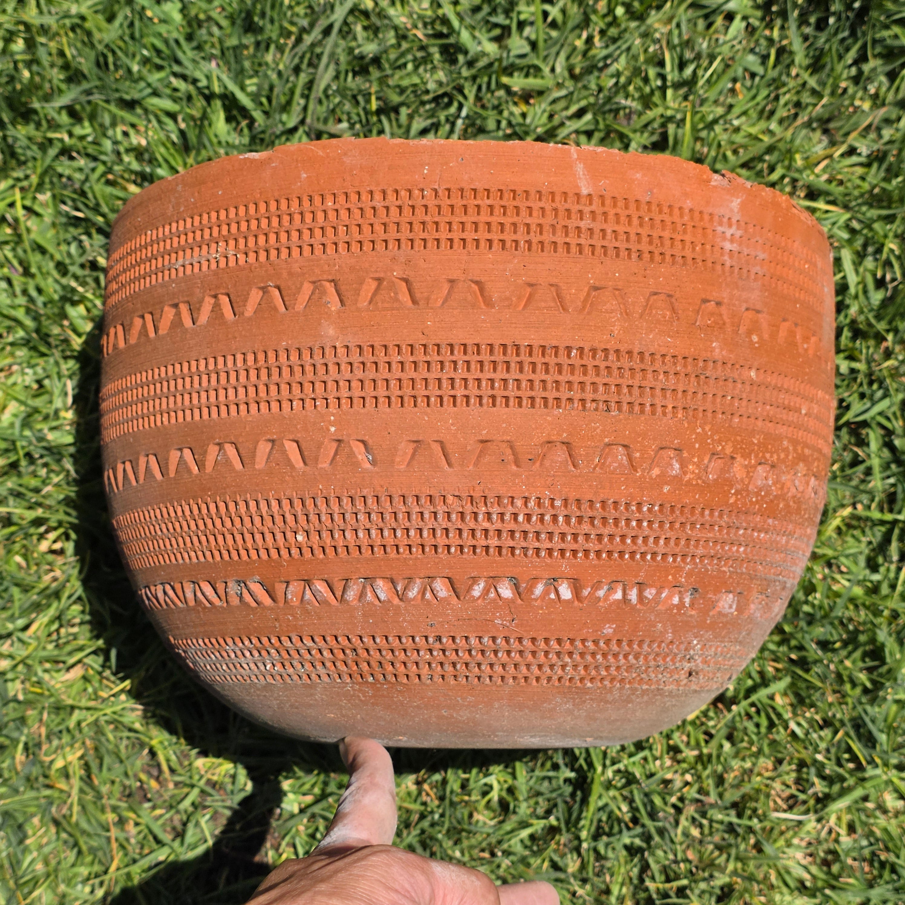 Vintage Large Terracotta Planter Pot Geometric Aztec Southwestern Clay 11.5"