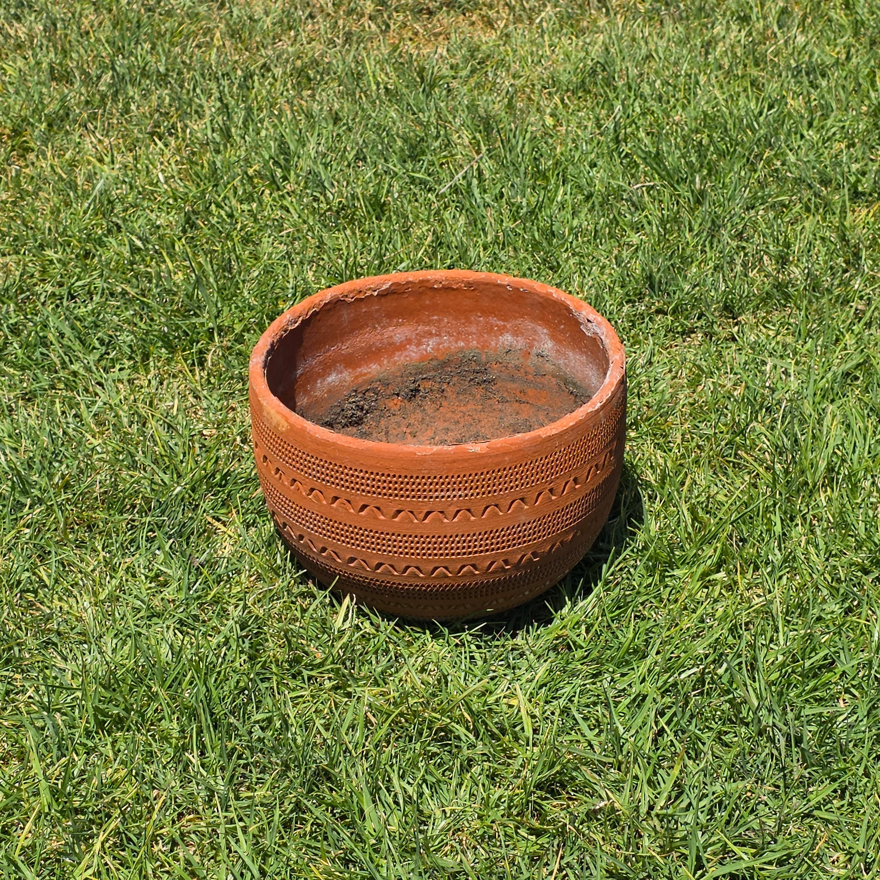 Vintage Large Terracotta Planter Pot Geometric Aztec Southwestern Clay 11.5"