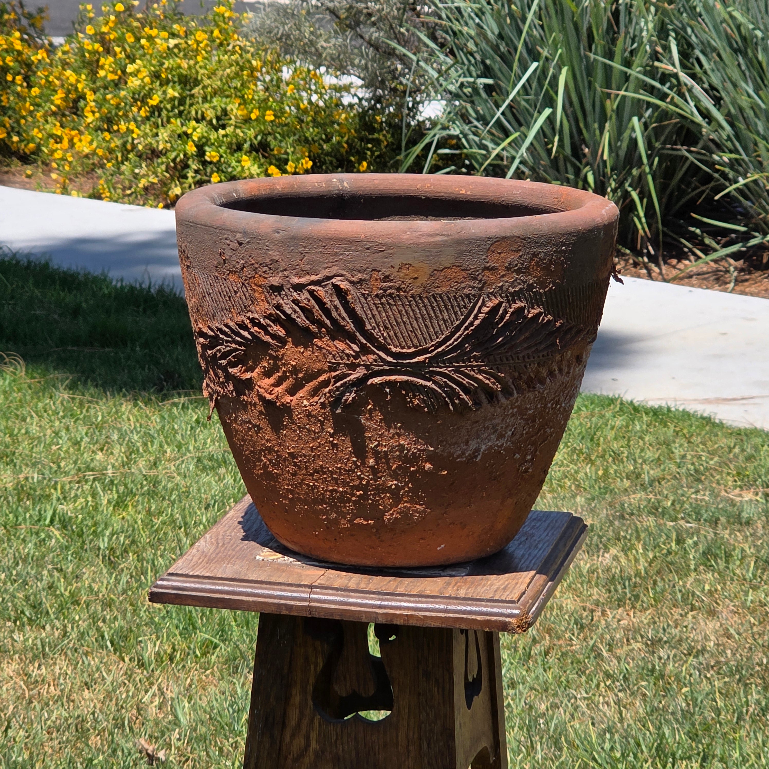Vintage Large Terracotta Planter Pot Rustic Weathered Clay Carved Fern 12.5"