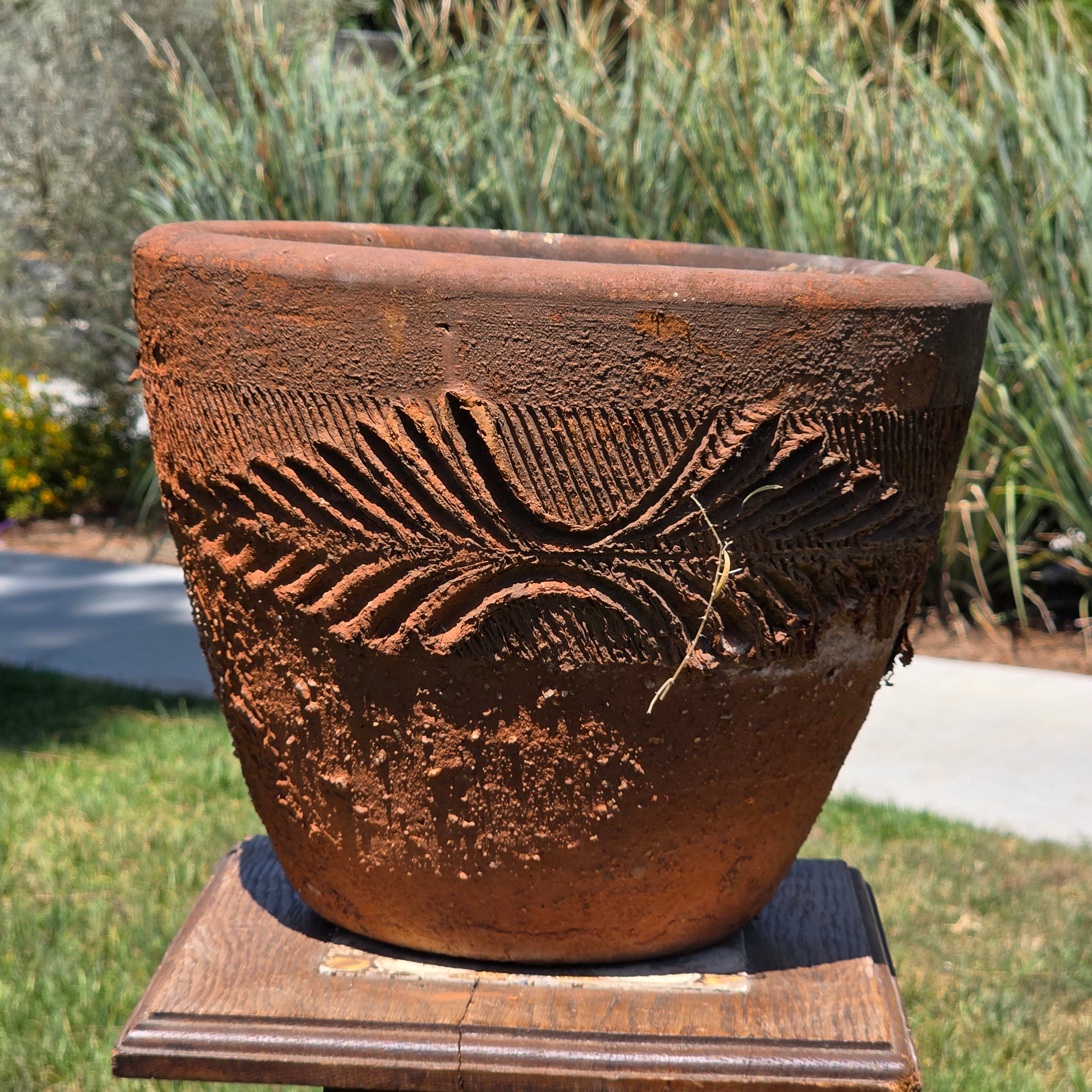 Vintage Large Terracotta Planter Pot Rustic Weathered Clay Carved Fern 12.5"