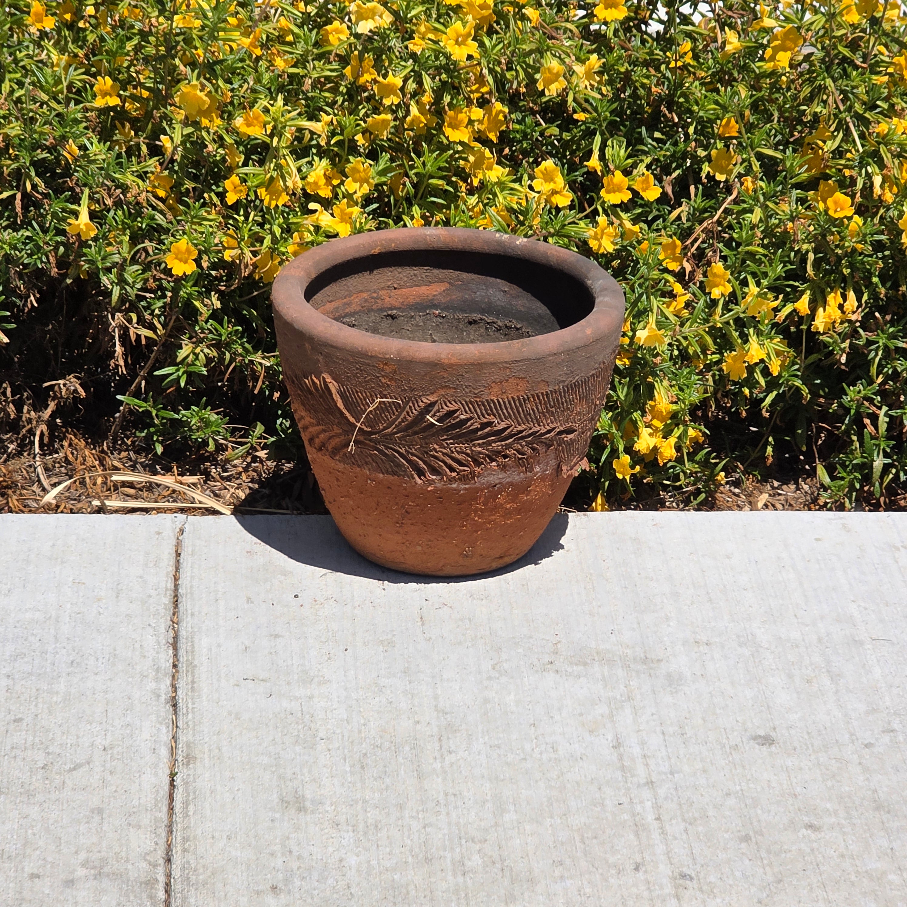 Vintage Large Terracotta Planter Pot Rustic Weathered Clay Carved Fern 12.5"