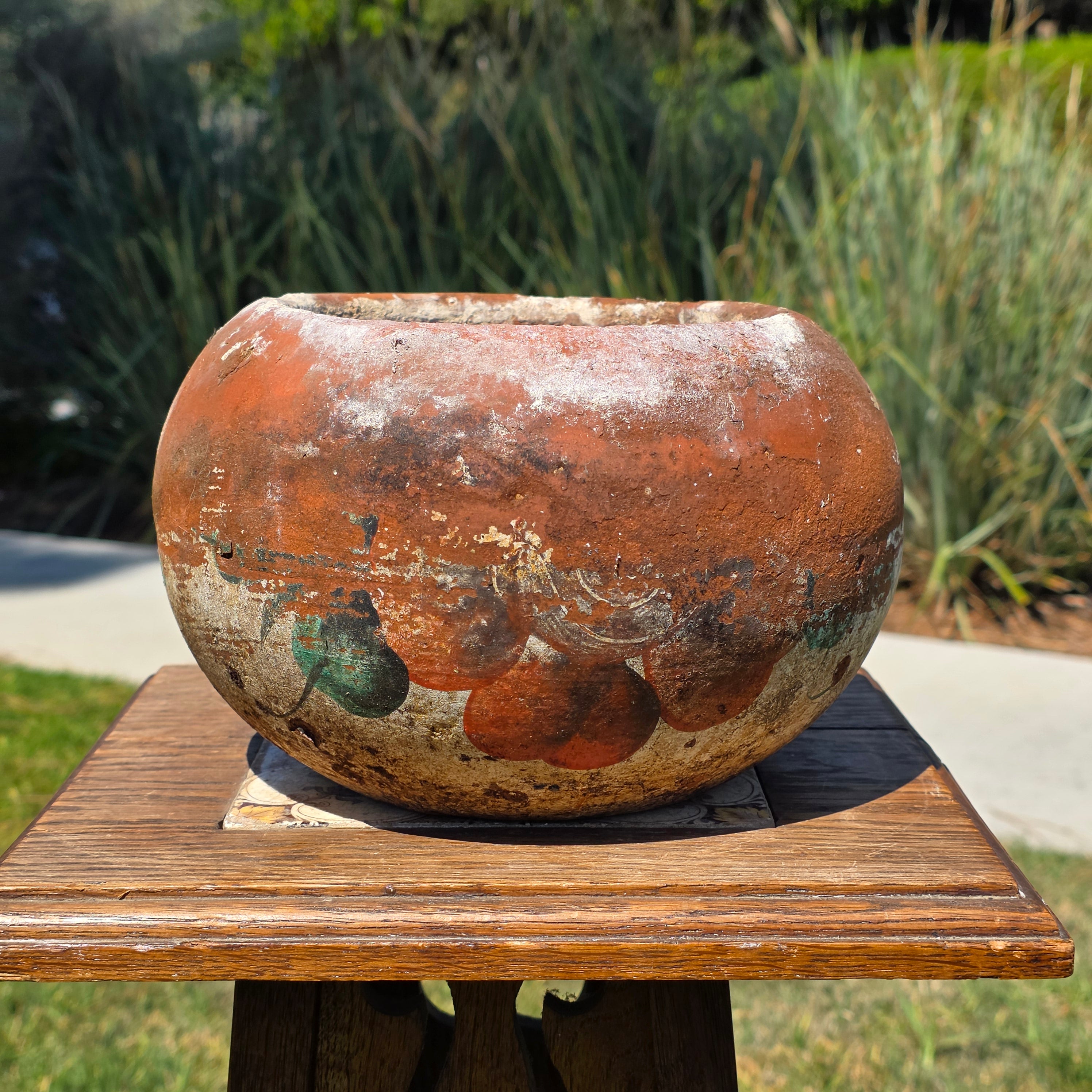 Vintage Mexican Pottery Planter Hand Painted Clay Rustic Folk Art Floral Bowl