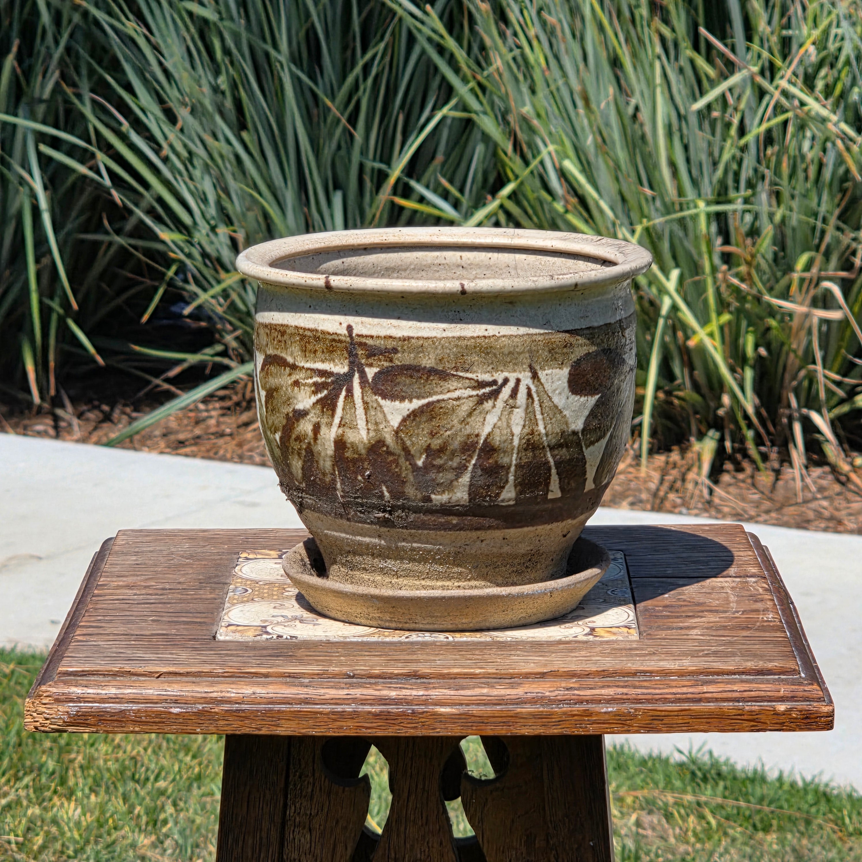 Vintage Studio Pottery Planter Pot Attached Saucer Brown Leaf Mid Century Boho