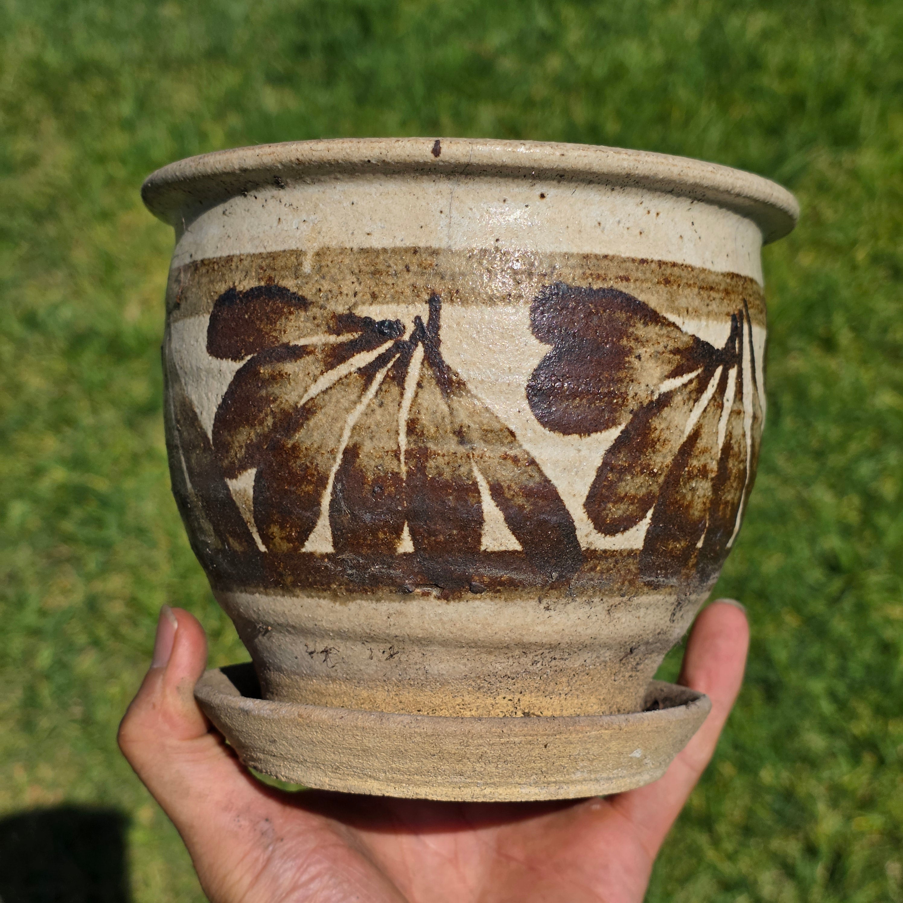 Vintage Studio Pottery Planter Pot Attached Saucer Brown Leaf Mid Century Boho