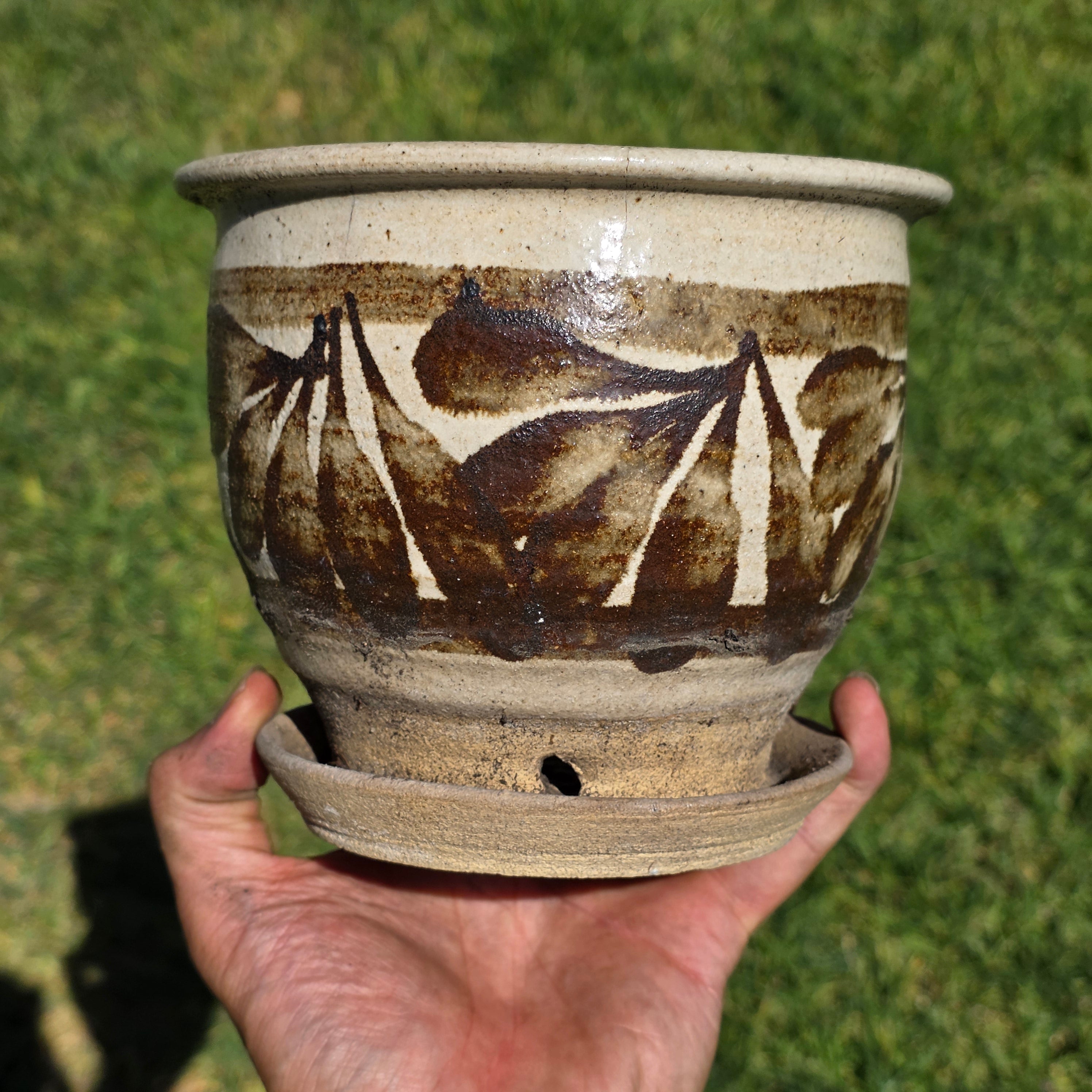 Vintage Studio Pottery Planter Pot Attached Saucer Brown Leaf Mid Century Boho