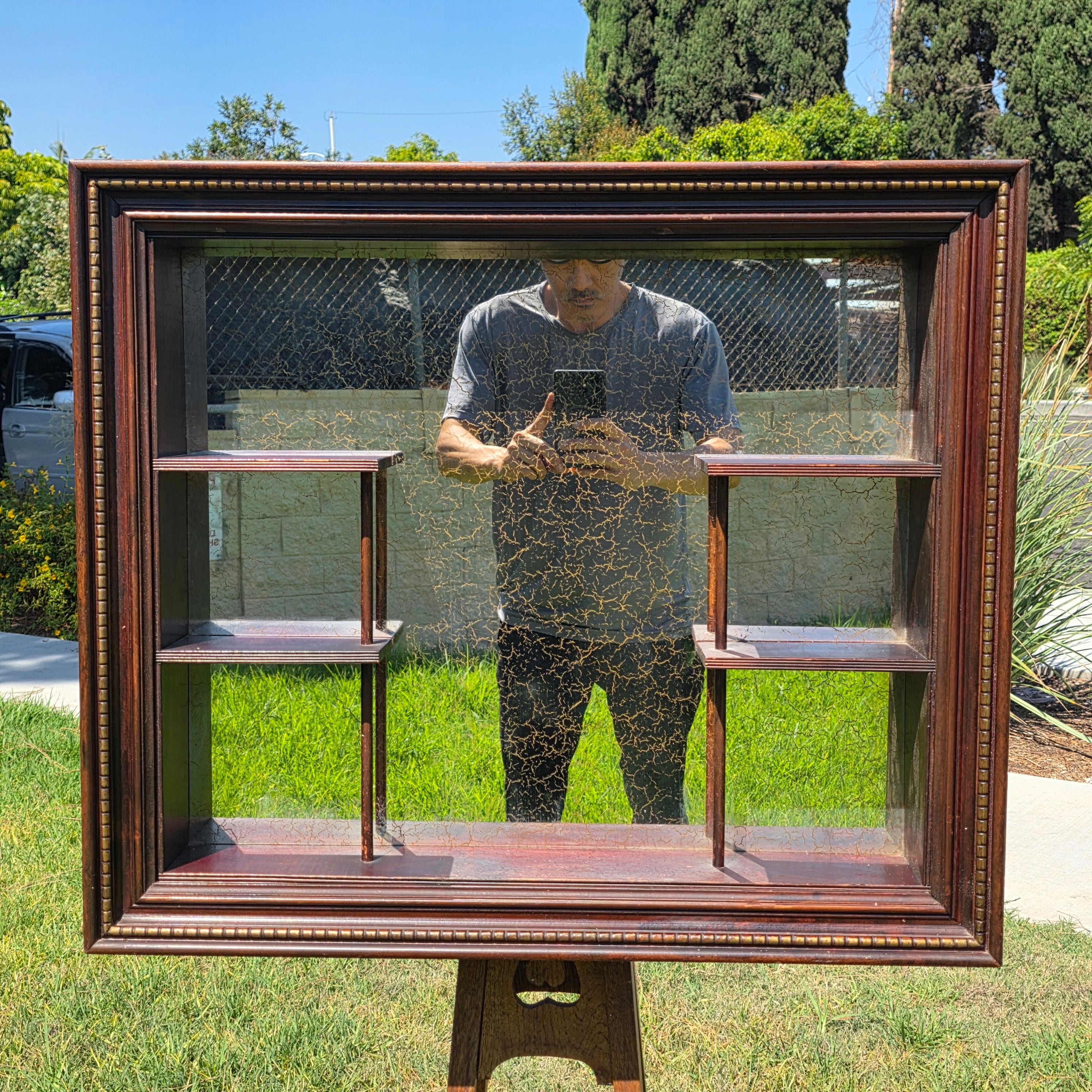 Vintage Wood Shadow Box Mirror Back Wall Display Shelf Curio Gold Vein Frame