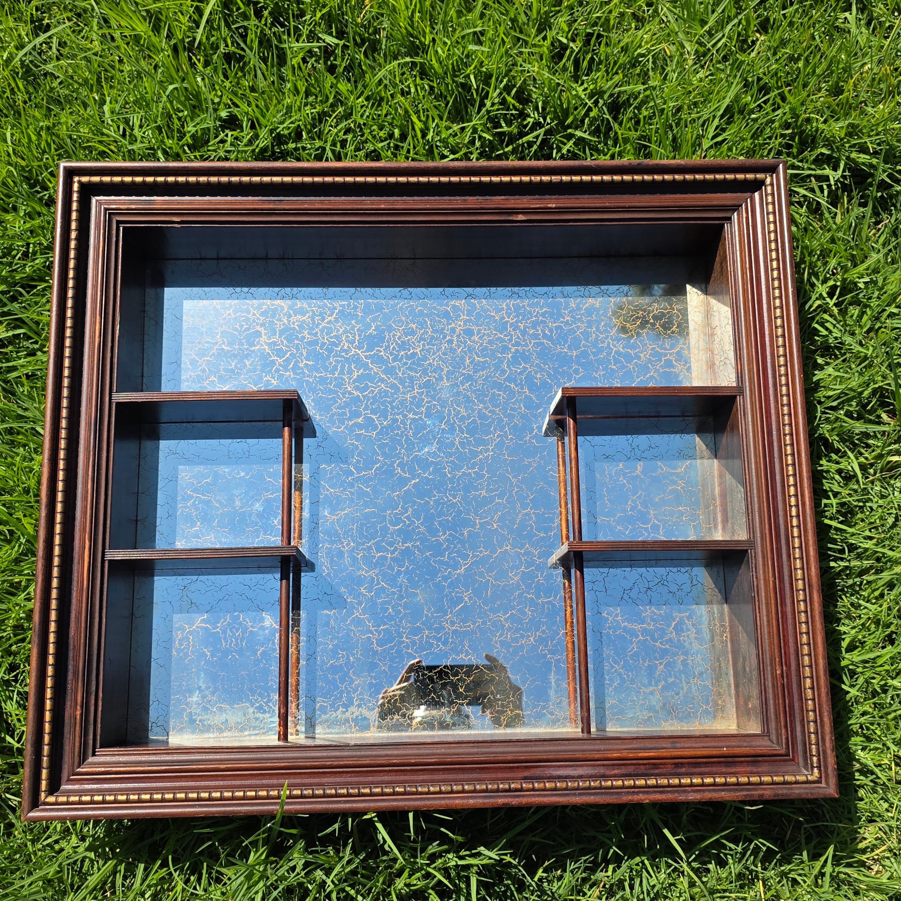 Vintage Wood Shadow Box Mirror Back Wall Display Shelf Curio Gold Vein Frame