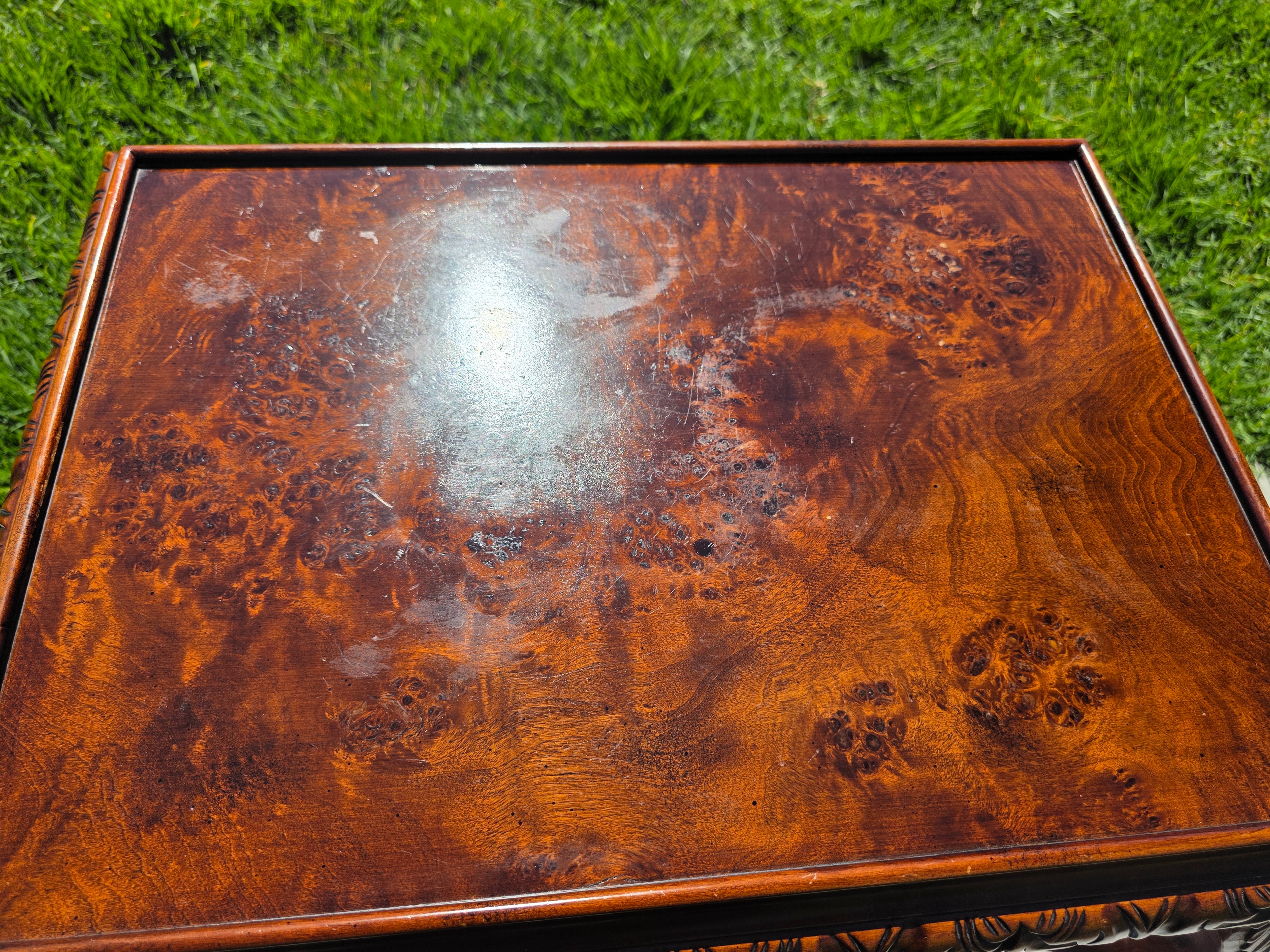 Vintage Bombay Company Burl Wood Tray Top End Side Table Queen Anne Carved 2002