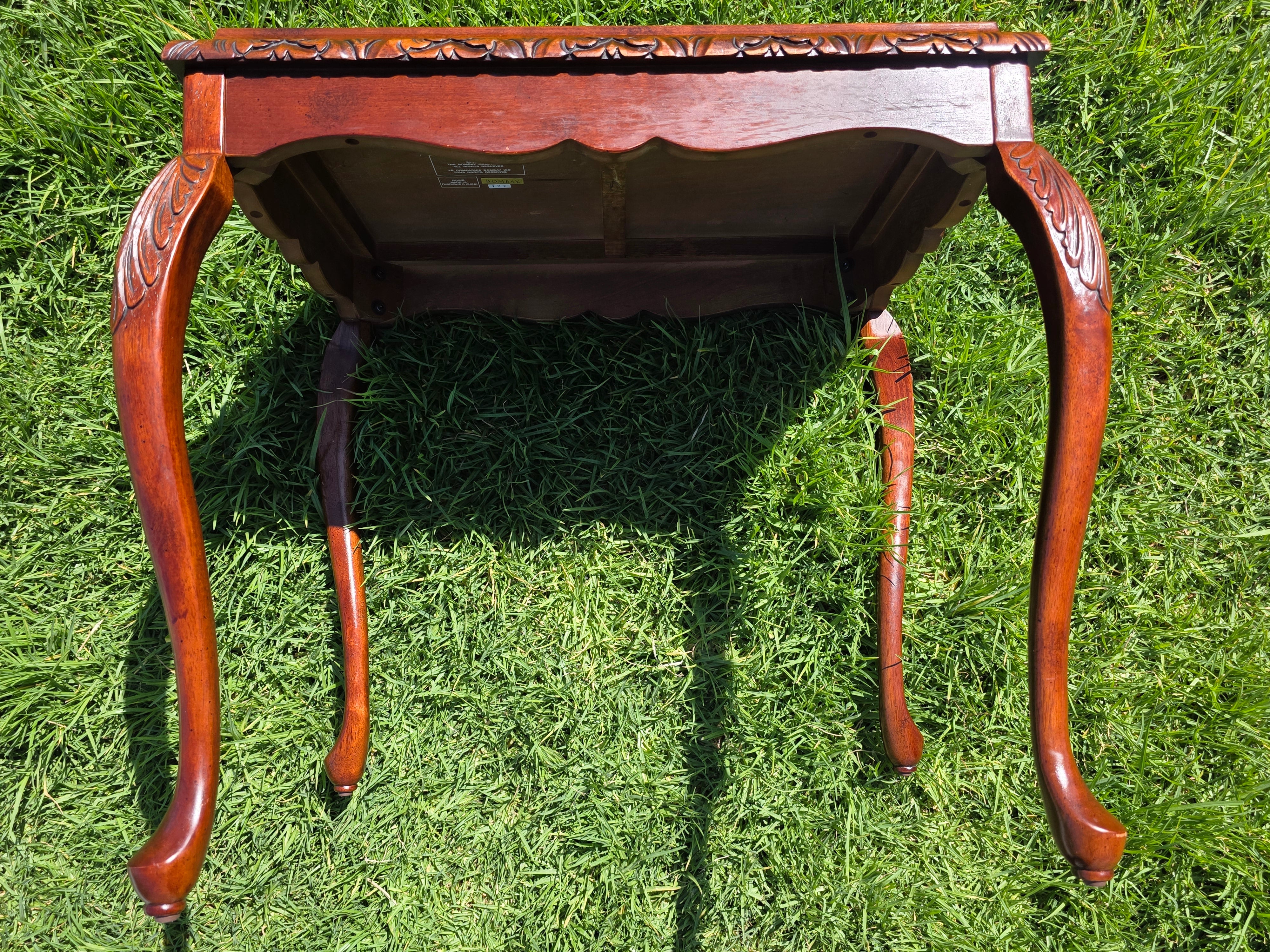 Vintage Bombay Company Burl Wood Tray Top End Side Table Queen Anne Carved 2002