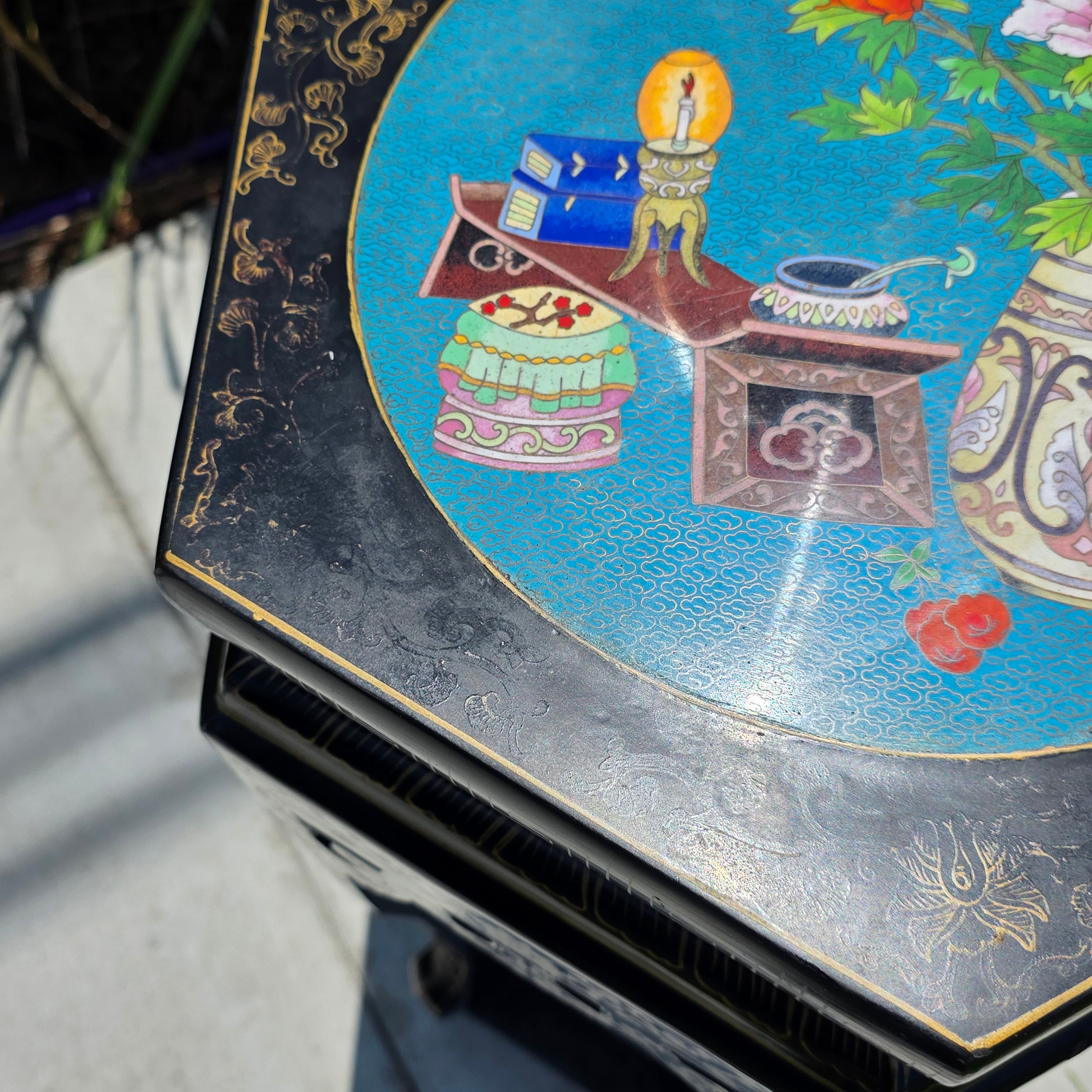 Vintage Chinese Cloisonne Inlay Black Lacquer Gold Plant Stand Table Jinlong