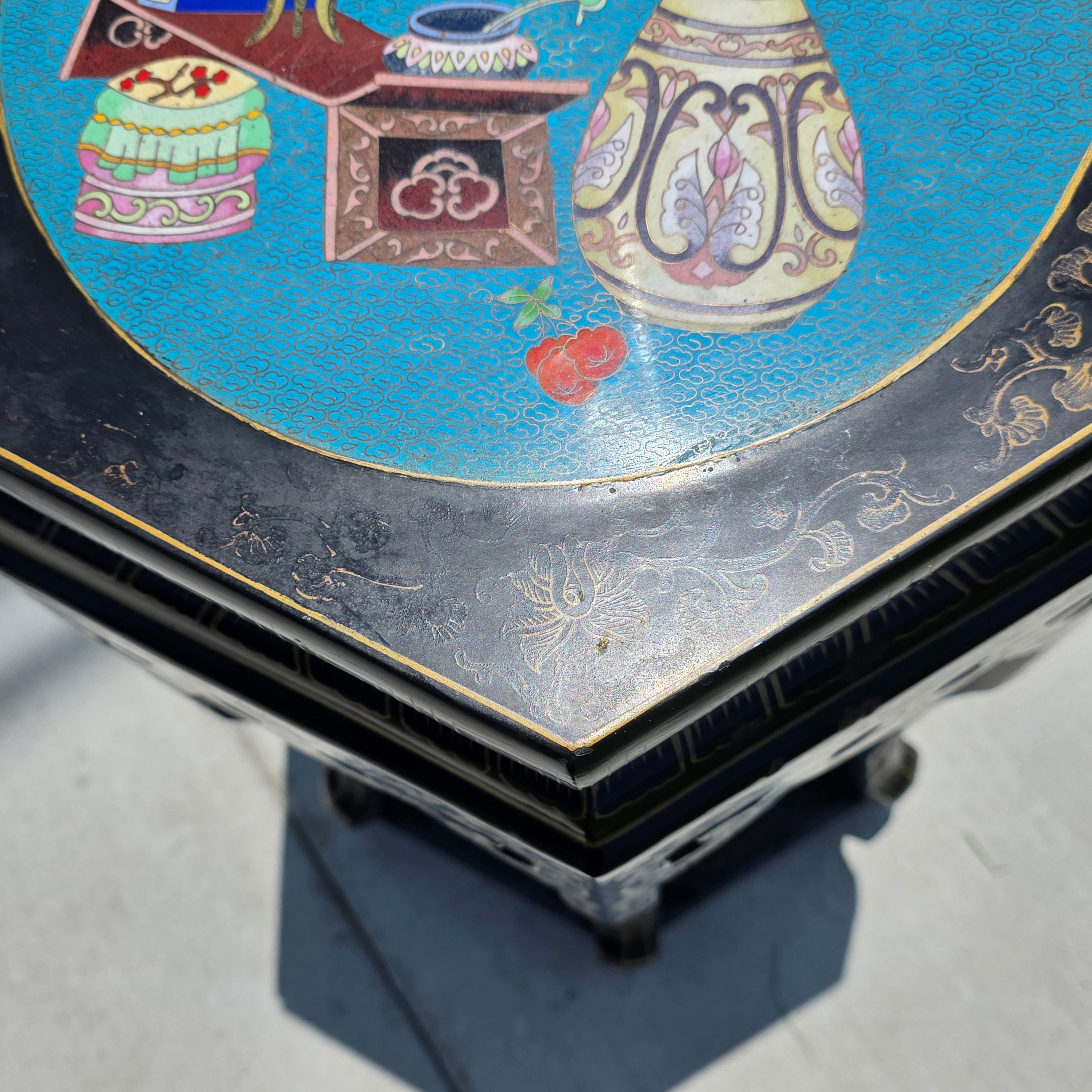 Vintage Chinese Cloisonne Inlay Black Lacquer Gold Plant Stand Table Jinlong