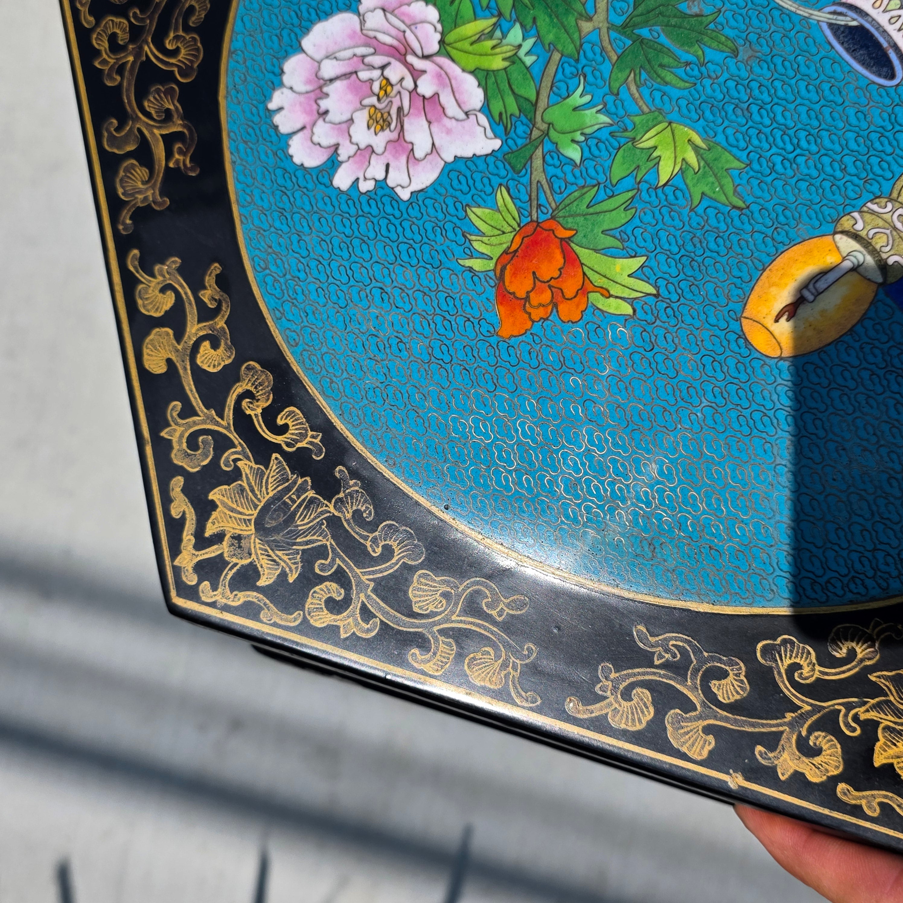 Vintage Chinese Cloisonne Inlay Black Lacquer Gold Plant Stand Table Jinlong