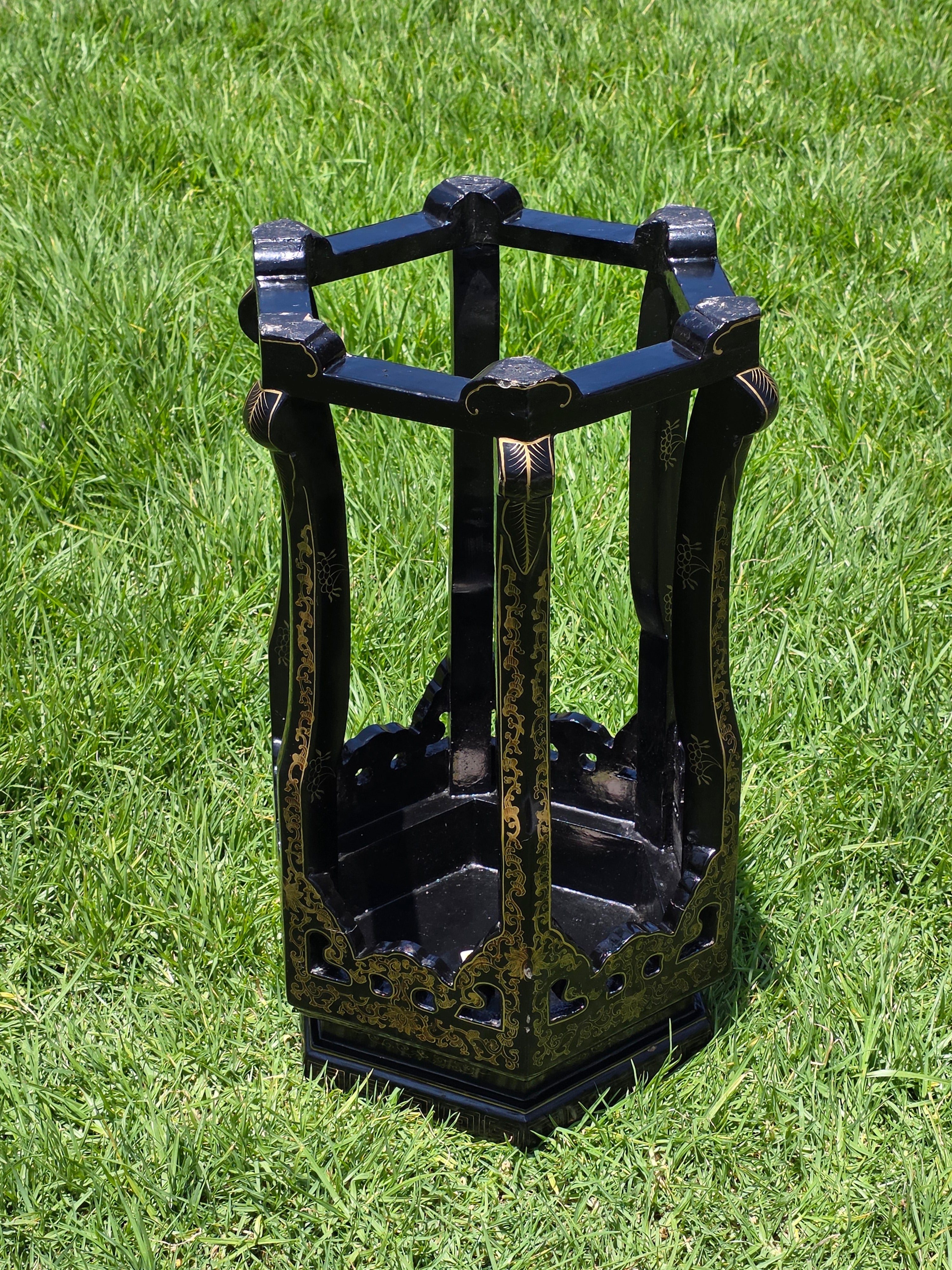 Vintage Chinese Cloisonne Inlay Black Lacquer Gold Plant Stand Table Jinlong