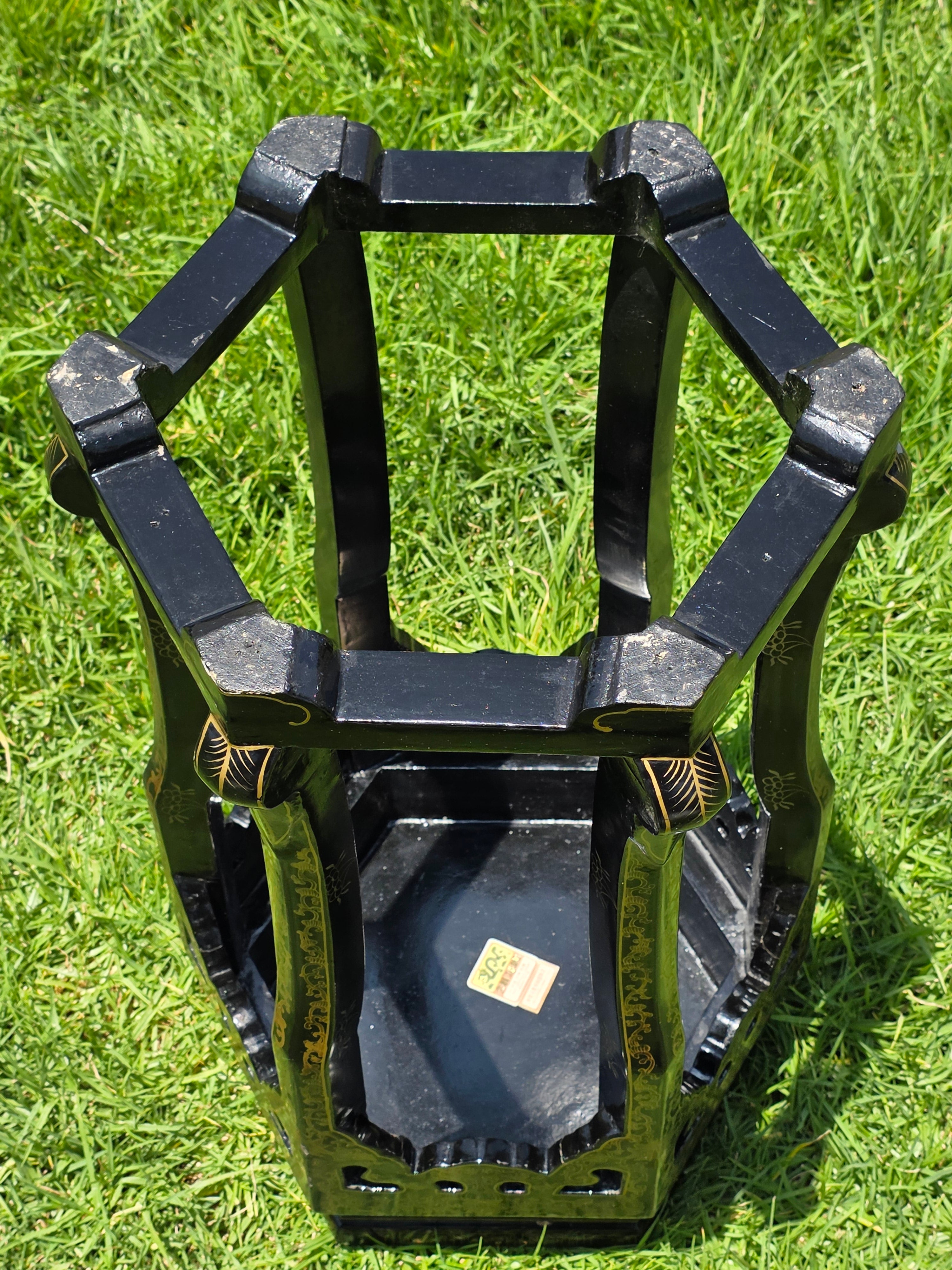 Vintage Chinese Cloisonne Inlay Black Lacquer Gold Plant Stand Table Jinlong