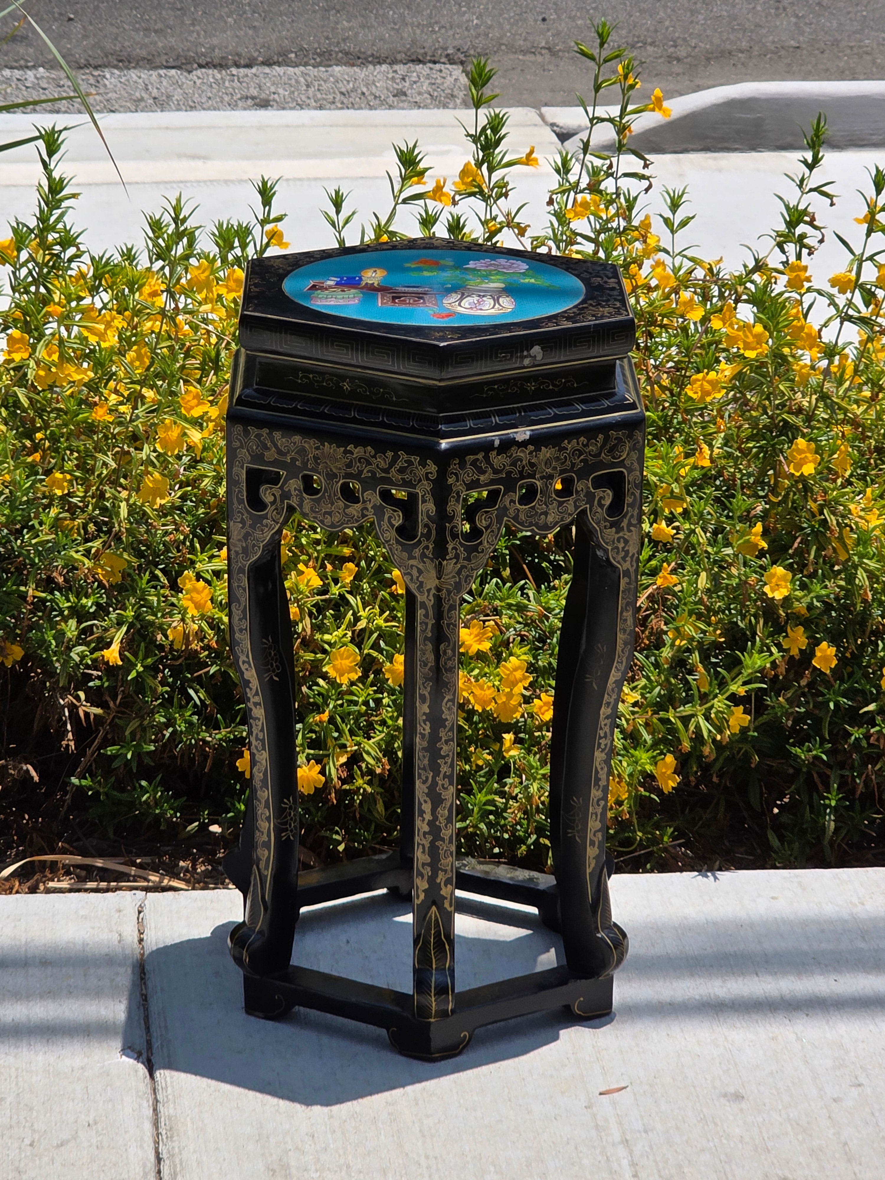 Vintage Chinese Cloisonne Inlay Black Lacquer Gold Plant Stand Table Jinlong