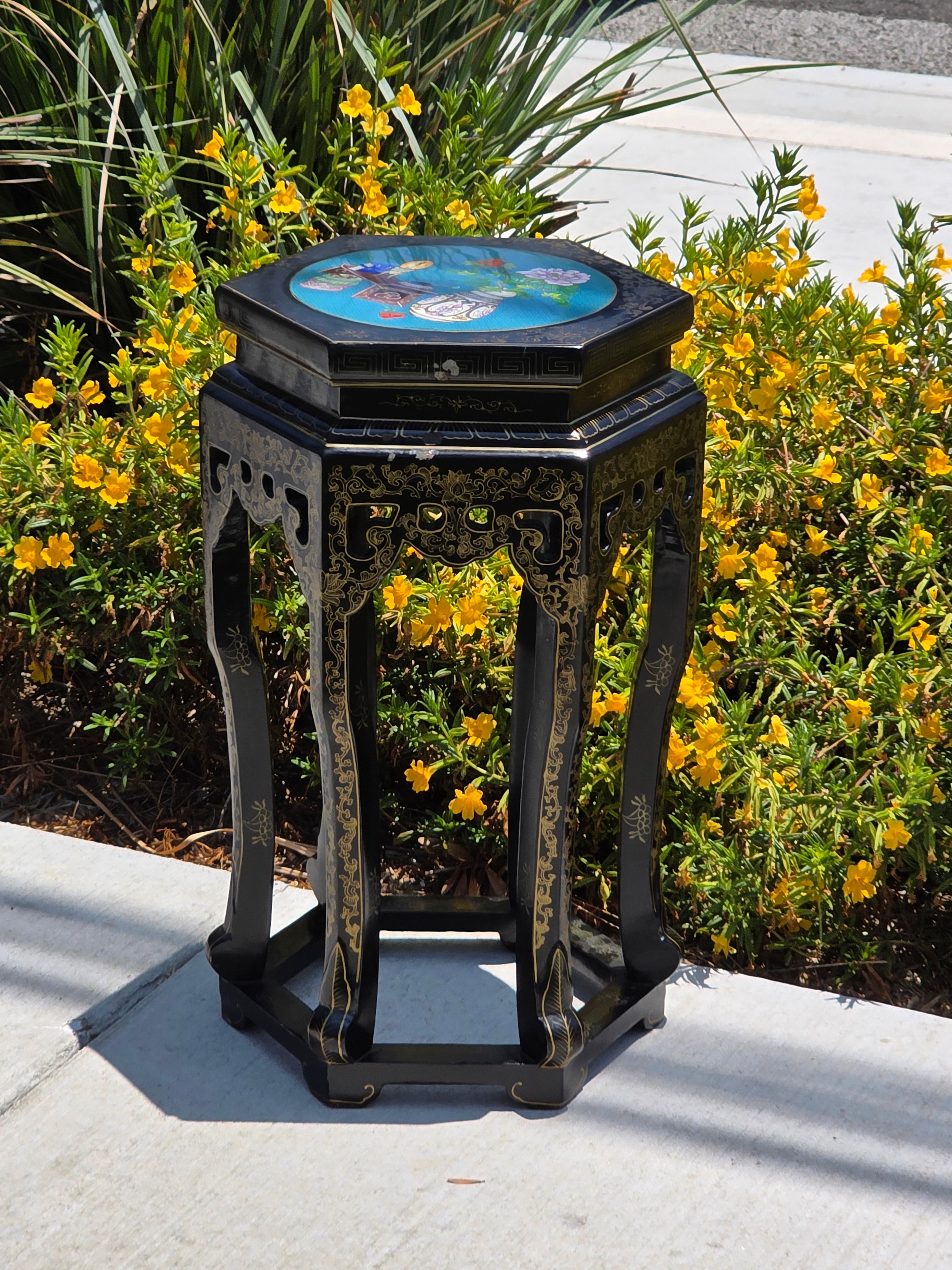 Vintage Chinese Cloisonne Inlay Black Lacquer Gold Plant Stand Table Jinlong