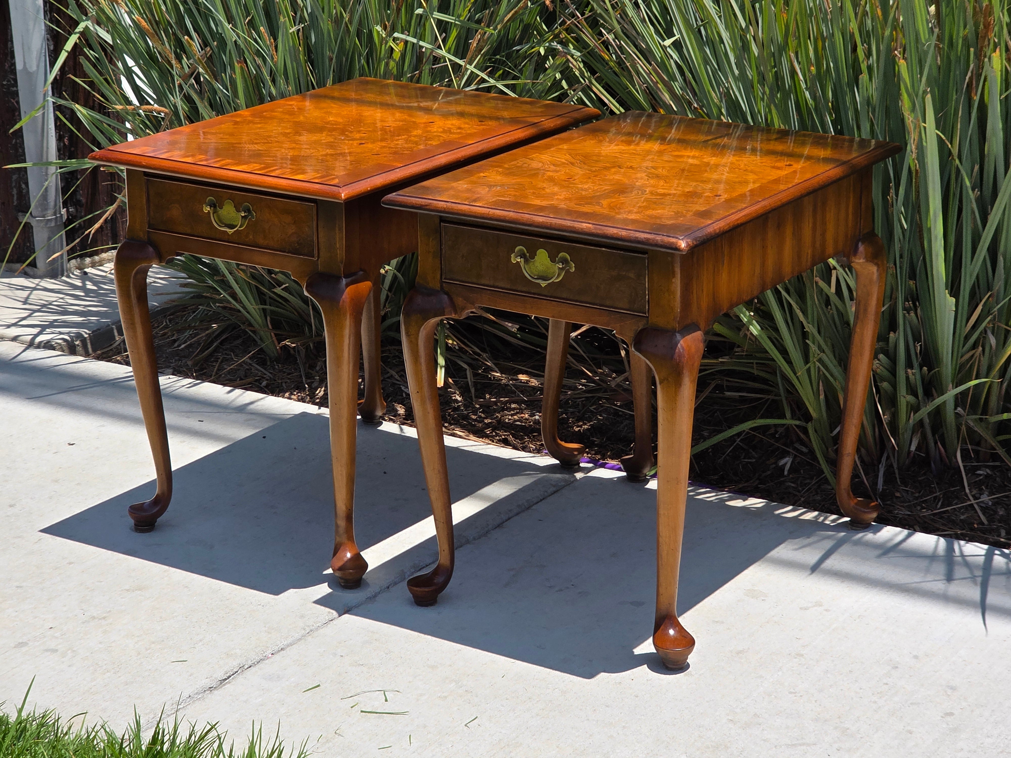 Local Pickup/ Pair Vintage Hekman Queen Anne End Side Tables Burl Wood Walnut Cabriole Legs