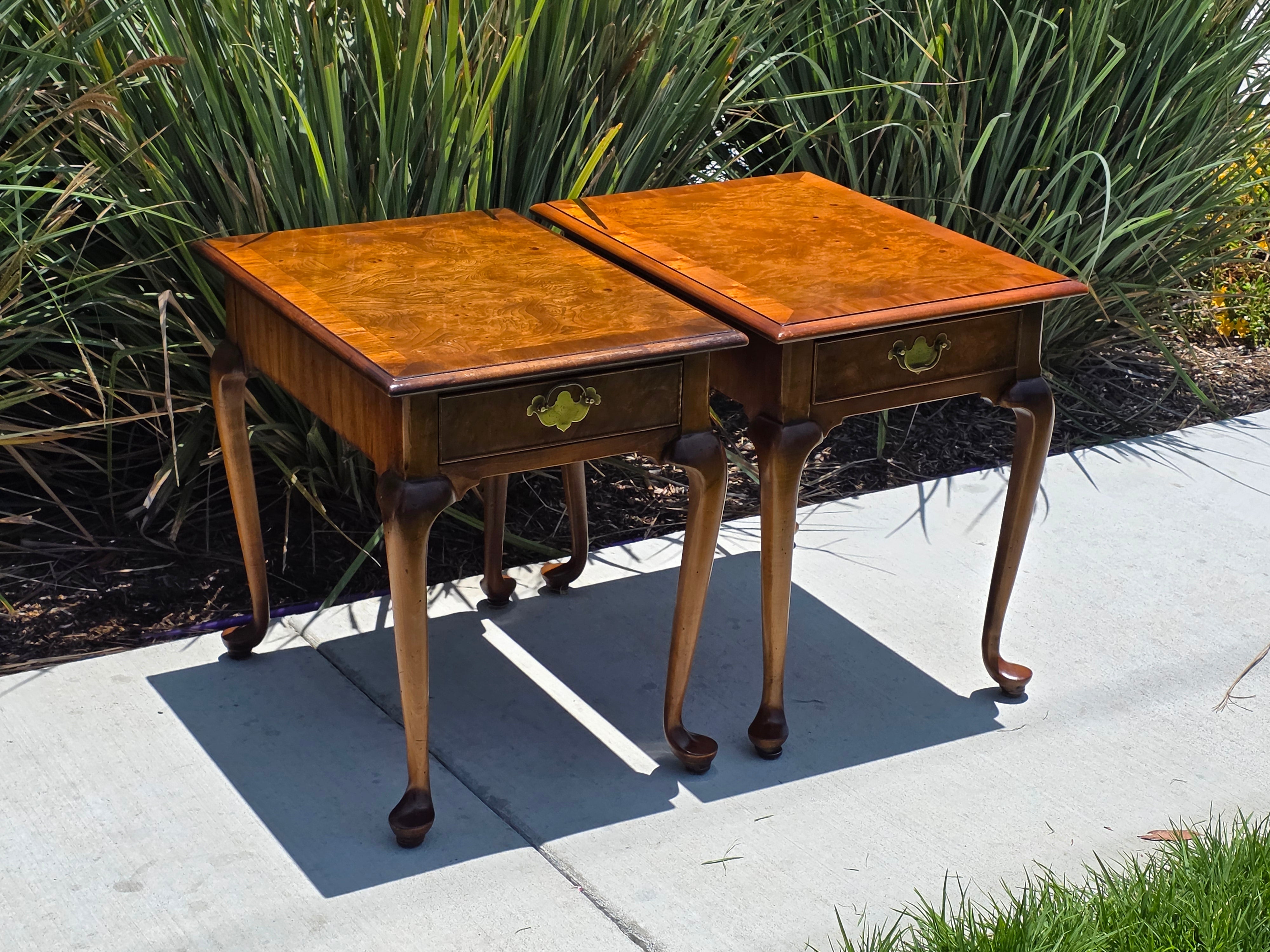 Local Pickup/ Pair Vintage Hekman Queen Anne End Side Tables Burl Wood Walnut Cabriole Legs