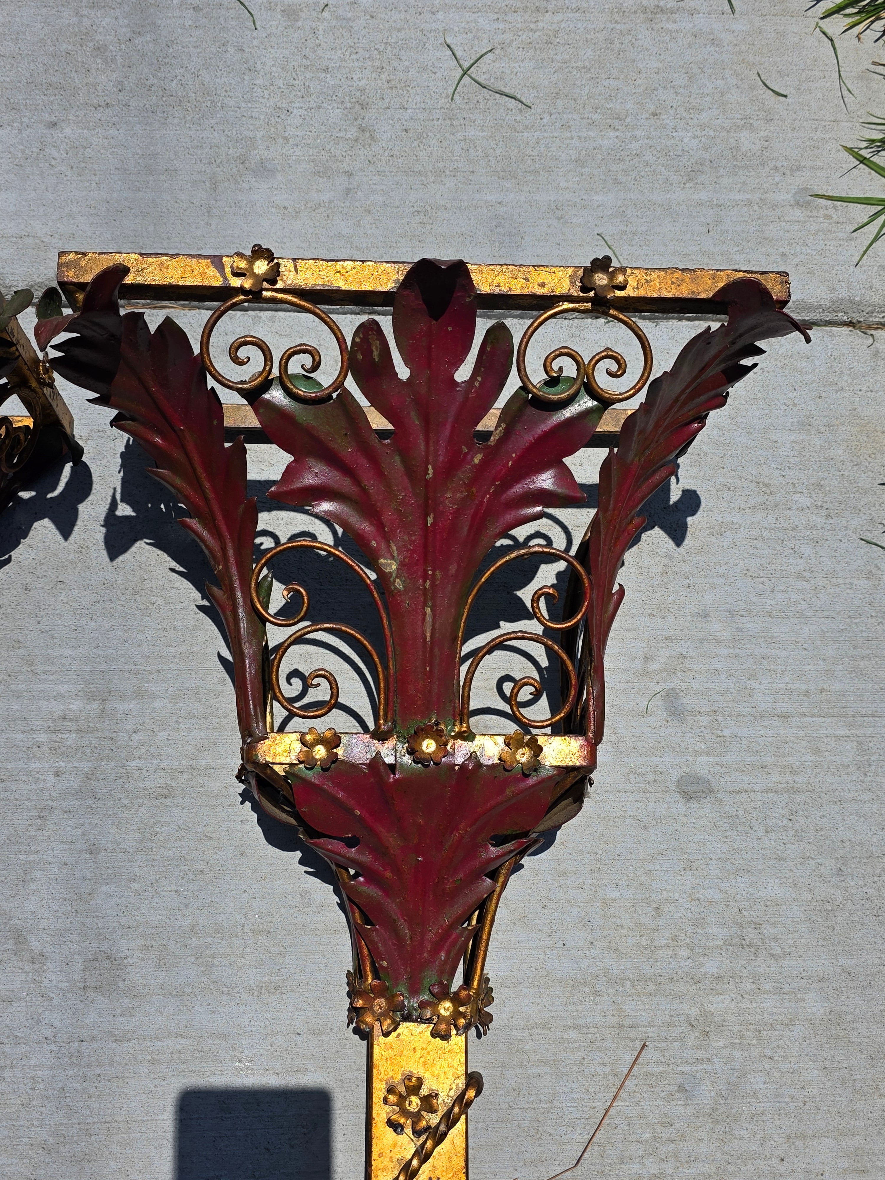 Share Pair Vintage Florentia Italy Large 40" Wall Sconce Planter Torch Gilt Metal Tole