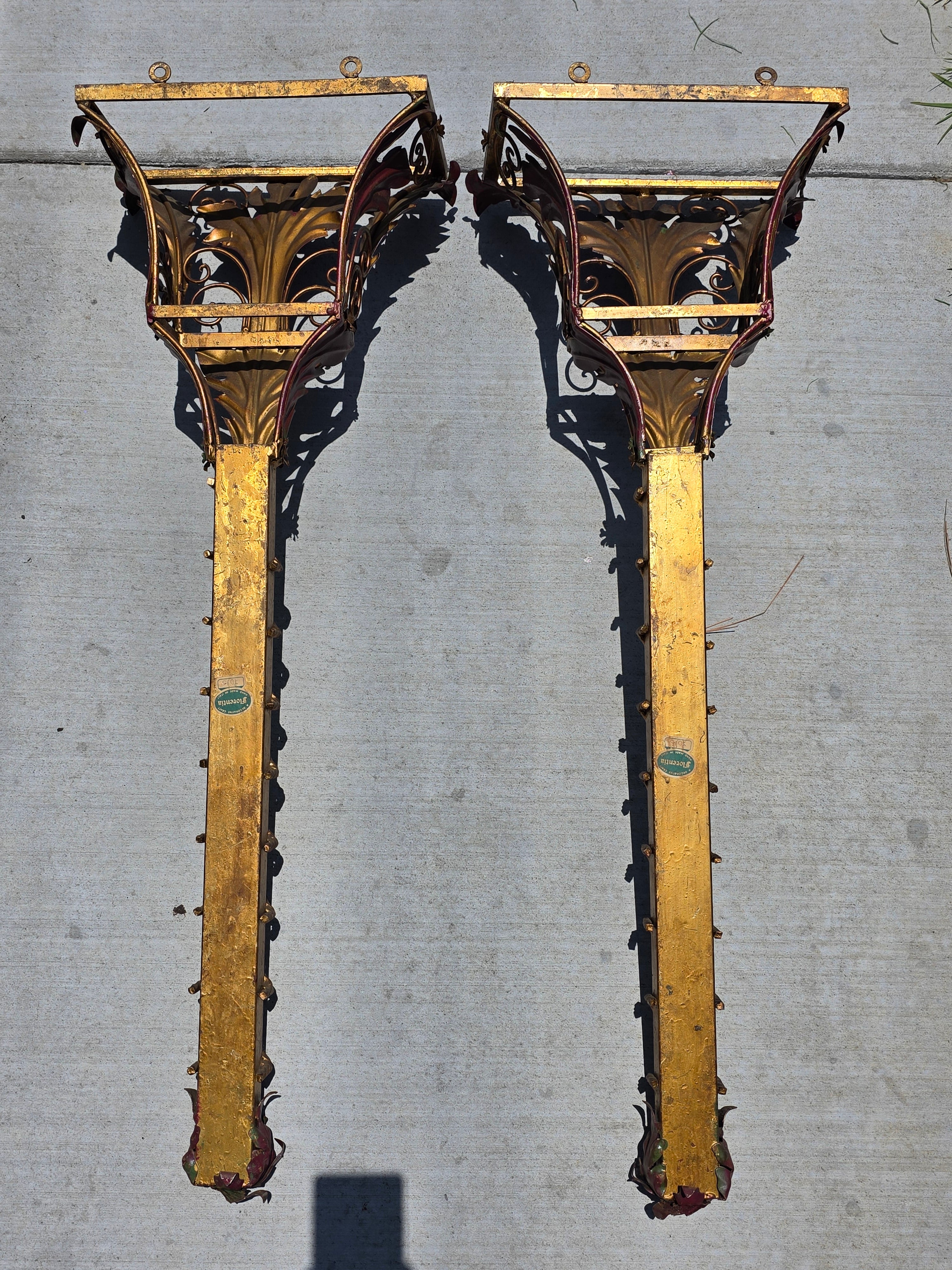 Share Pair Vintage Florentia Italy Large 40" Wall Sconce Planter Torch Gilt Metal Tole