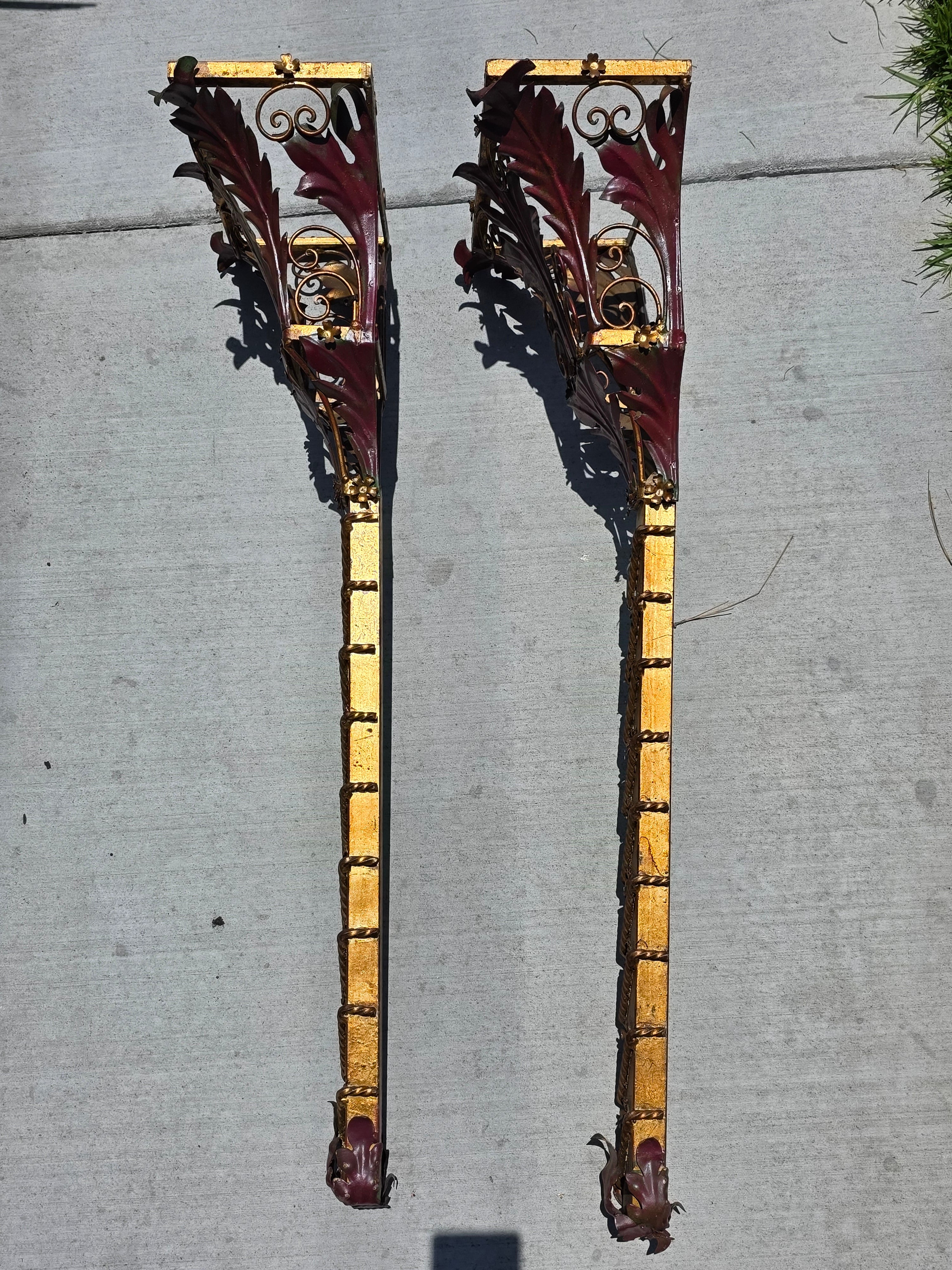 Share Pair Vintage Florentia Italy Large 40" Wall Sconce Planter Torch Gilt Metal Tole