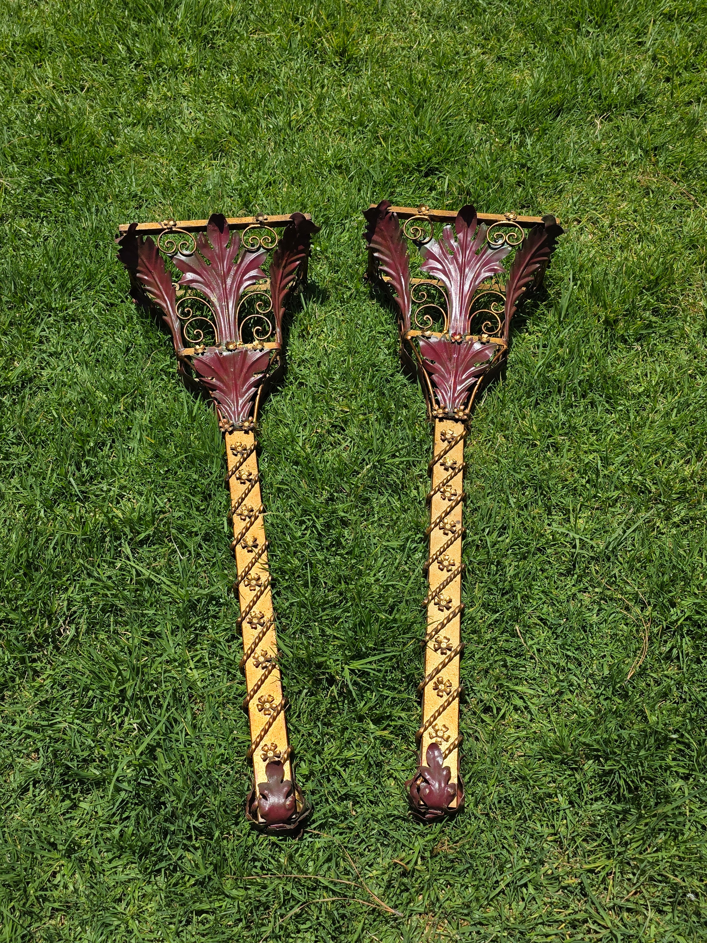 Share Pair Vintage Florentia Italy Large 40" Wall Sconce Planter Torch Gilt Metal Tole