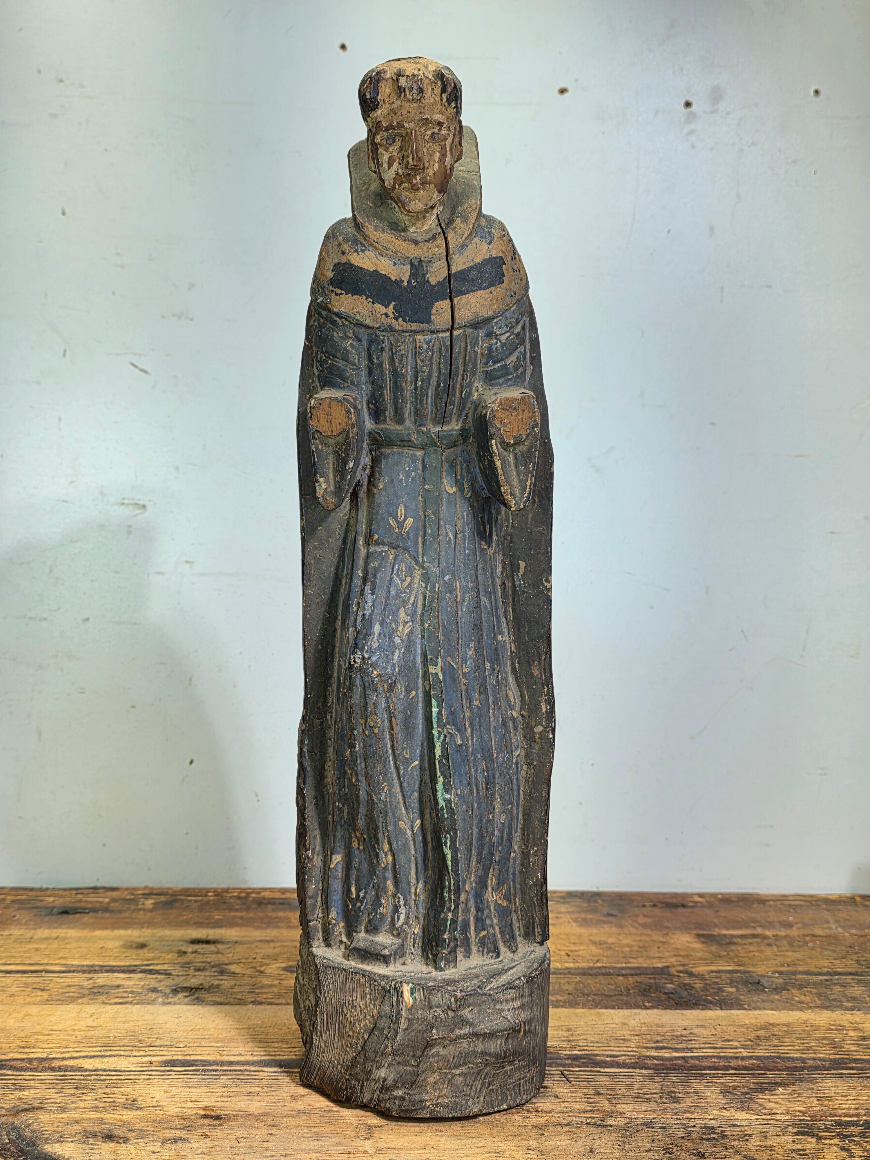 Antique Spanish Colonial Santo Bulto Wood Carving Monk Figure Saint Dominic 20"