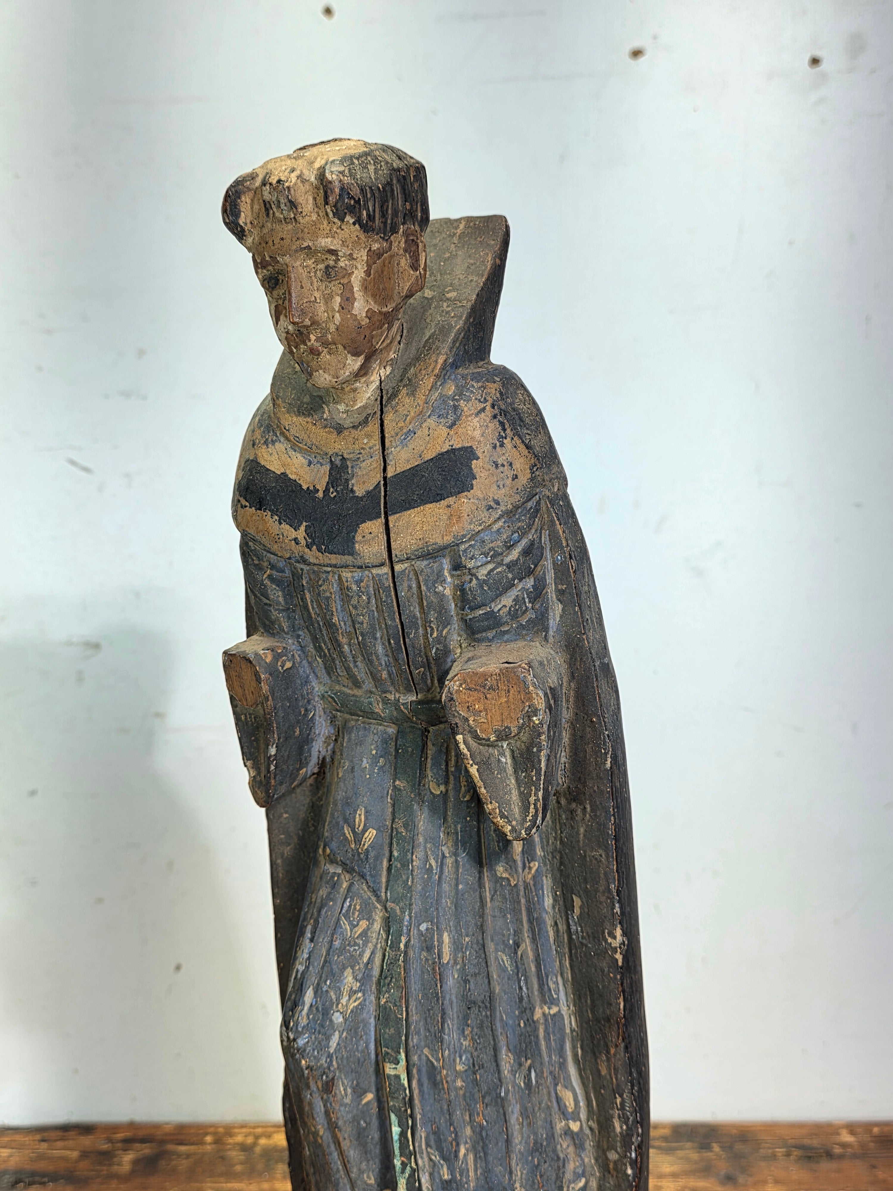 Antique Spanish Colonial Santo Bulto Wood Carving Monk Figure Saint Dominic 20"