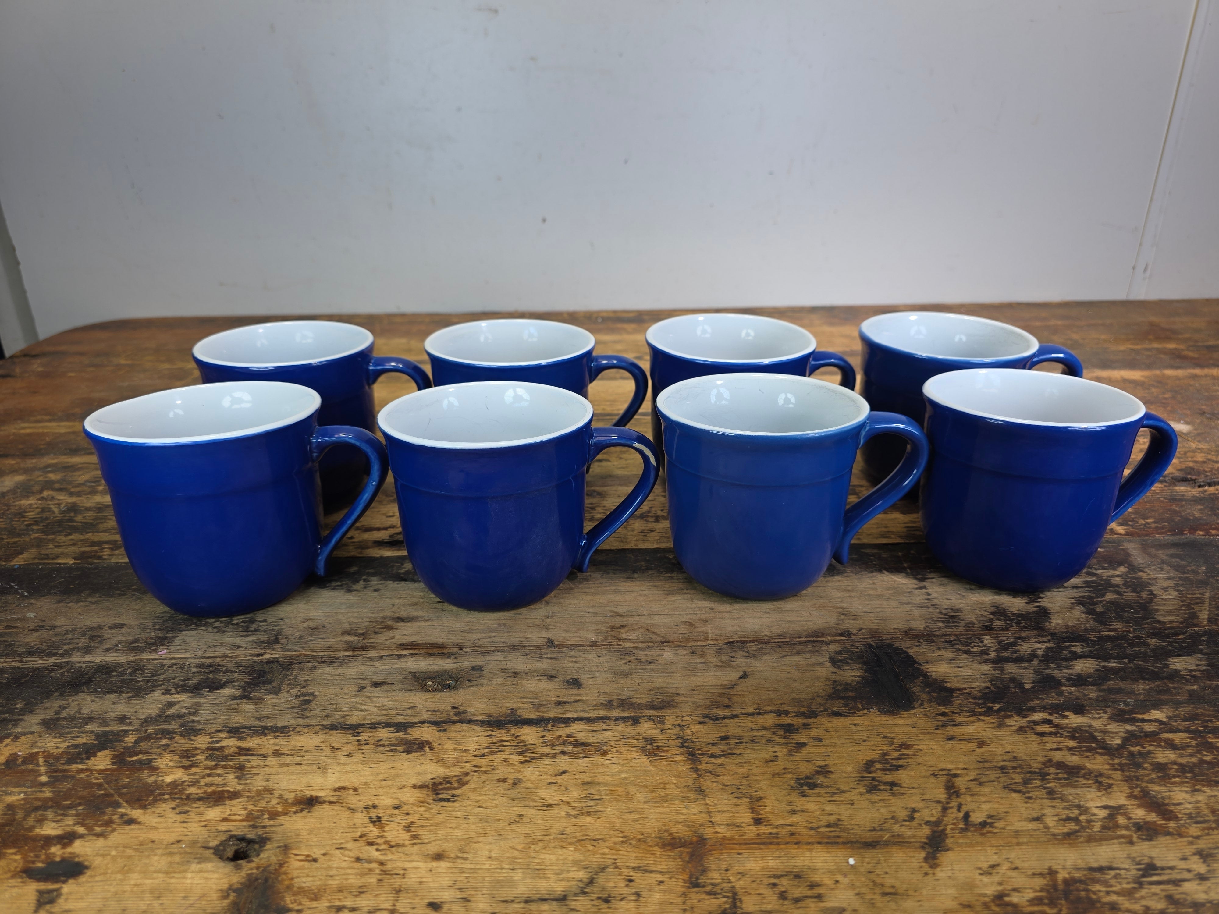 Emile Henry France 8714 Cobalt Blue White Ceramic Coffee Mug Cup Set of 8 AS-IS