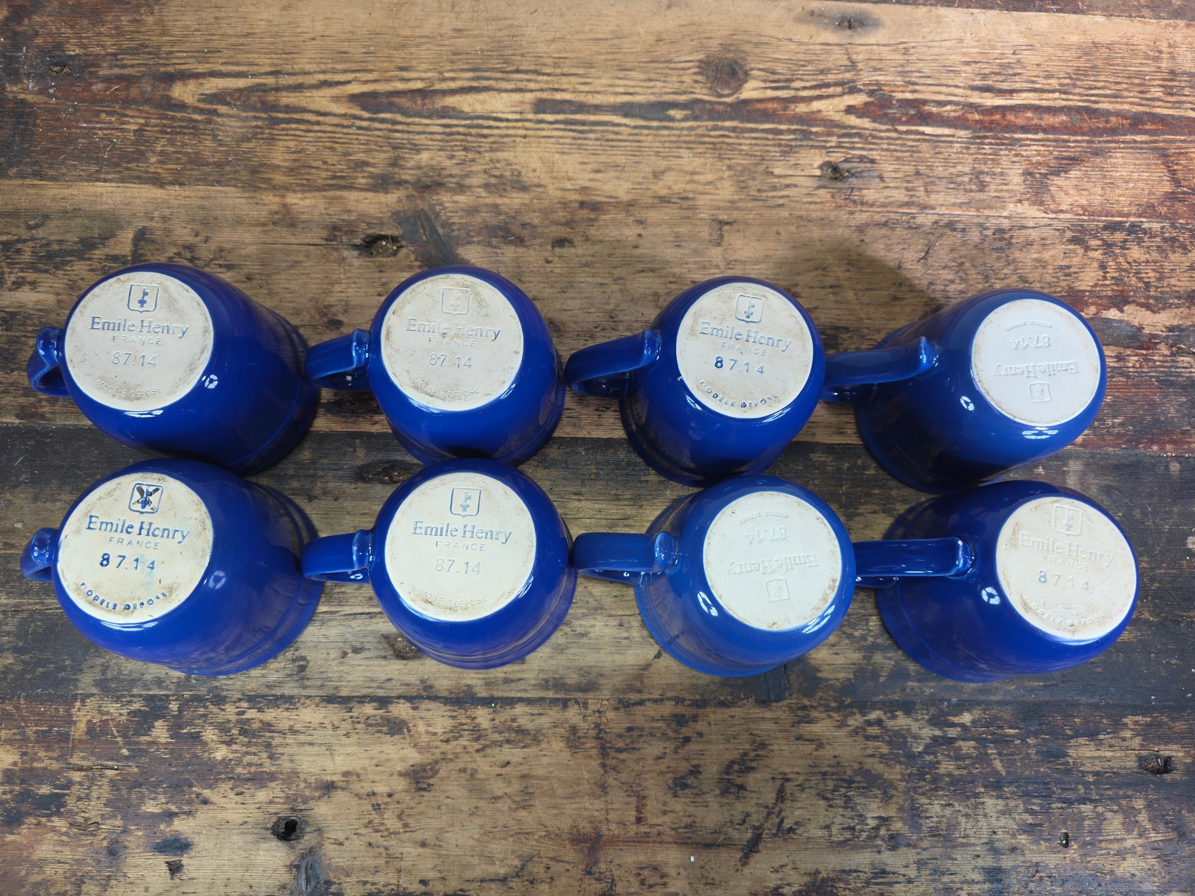 Emile Henry France 8714 Cobalt Blue White Ceramic Coffee Mug Cup Set of 8 AS-IS