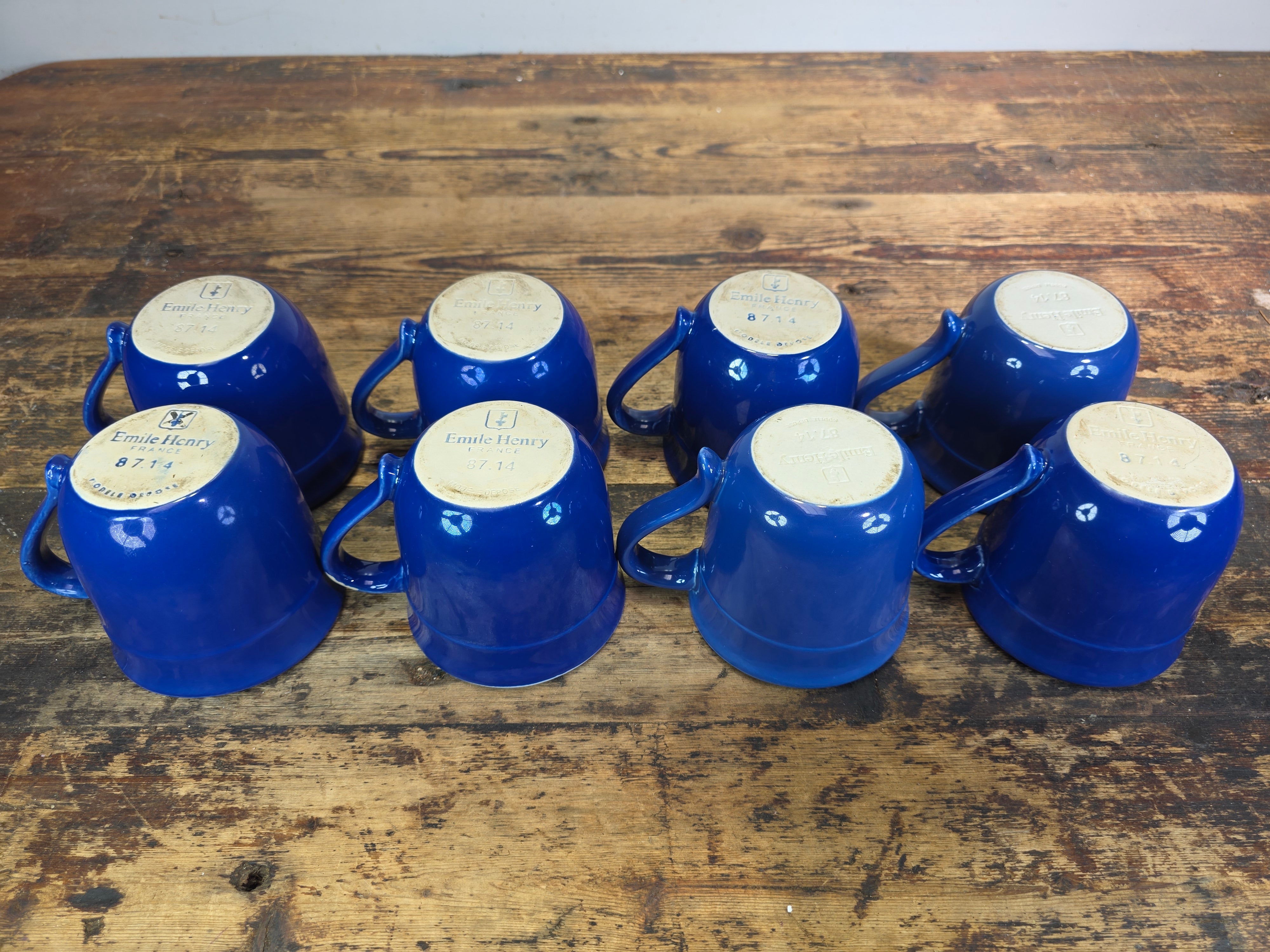 Emile Henry France 8714 Cobalt Blue White Ceramic Coffee Mug Cup Set of 8 AS-IS