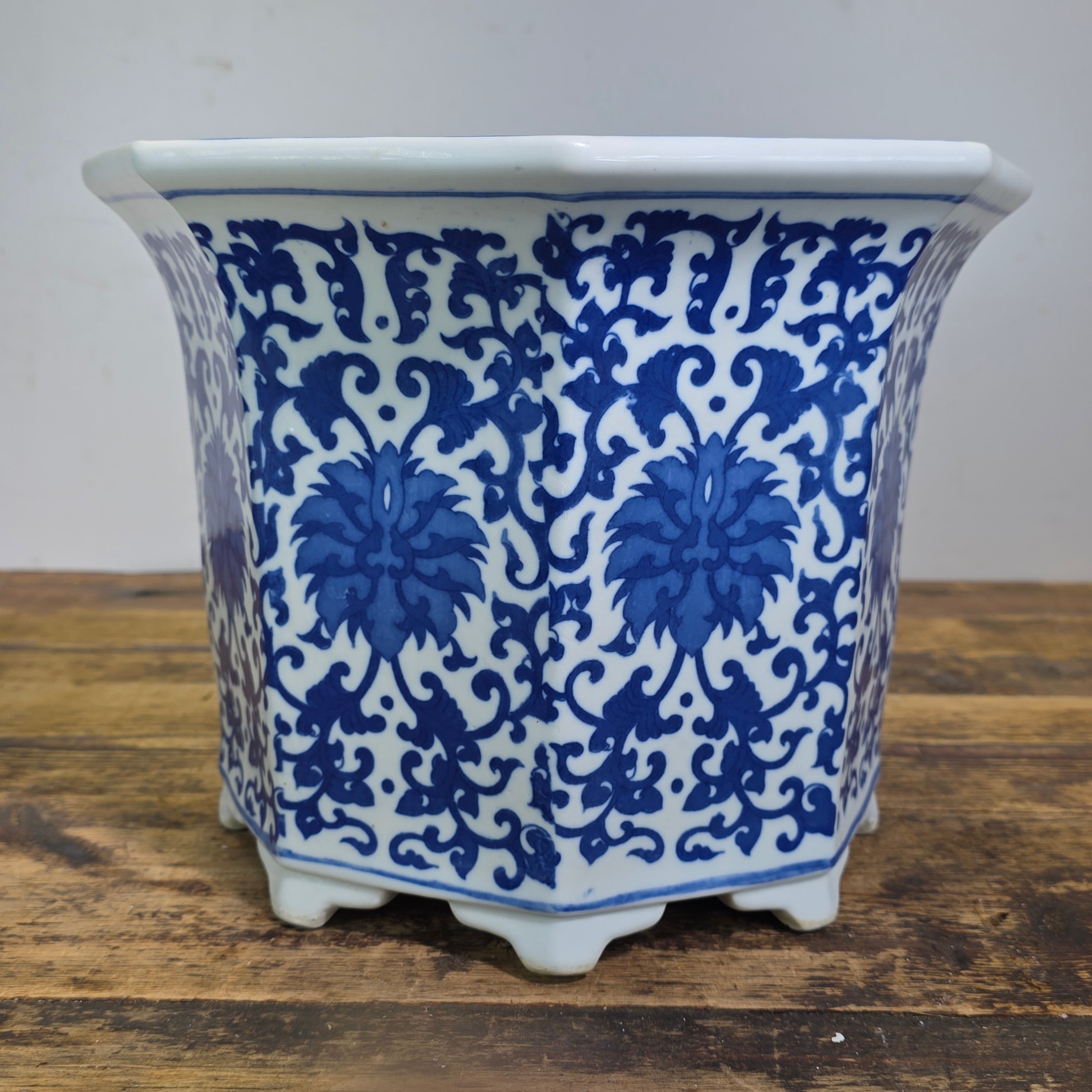 Vintage Chinoiserie Blue White Porcelain Octagonal Flower Pot Planter Jingdezhen