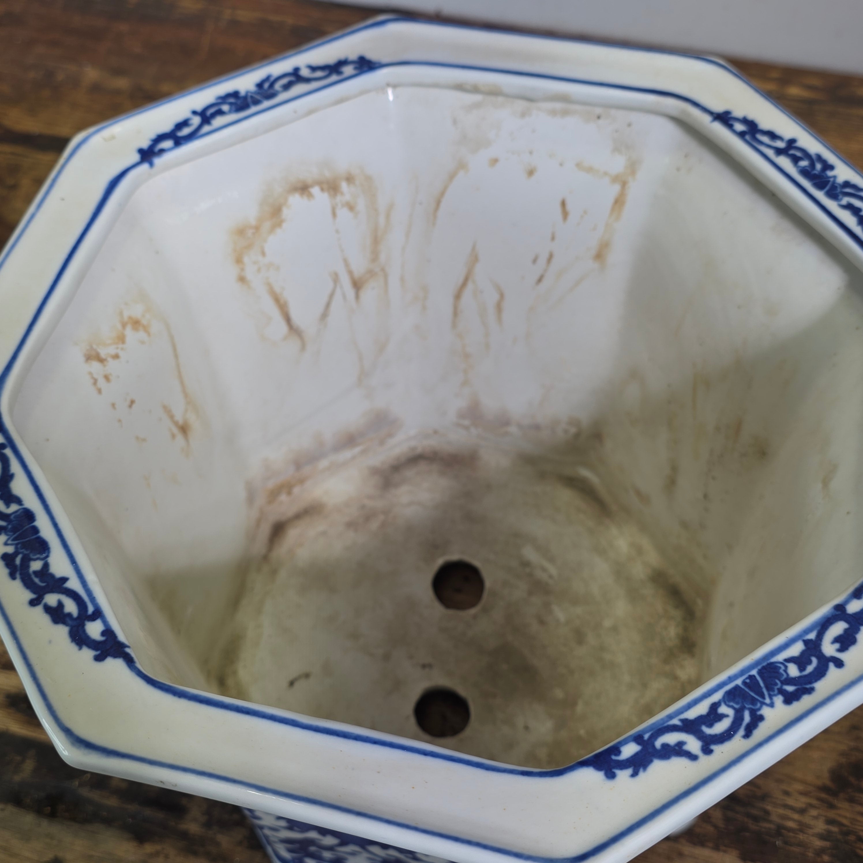 Vintage Chinoiserie Blue White Porcelain Octagonal Flower Pot Planter Jingdezhen