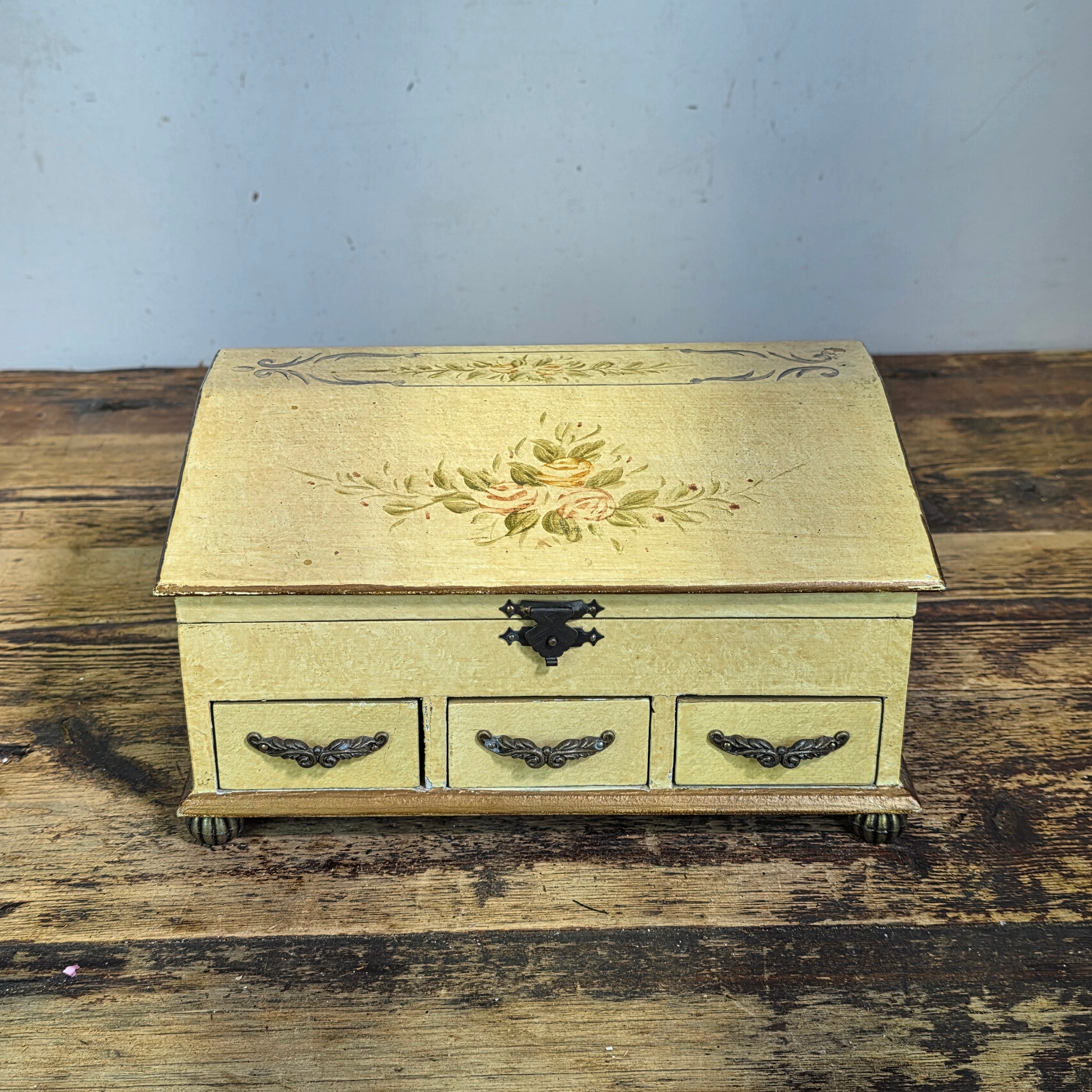Vintage Hand Painted Wood Jewelry Box Slant Top Floral 3 Drawers Shabby Chic