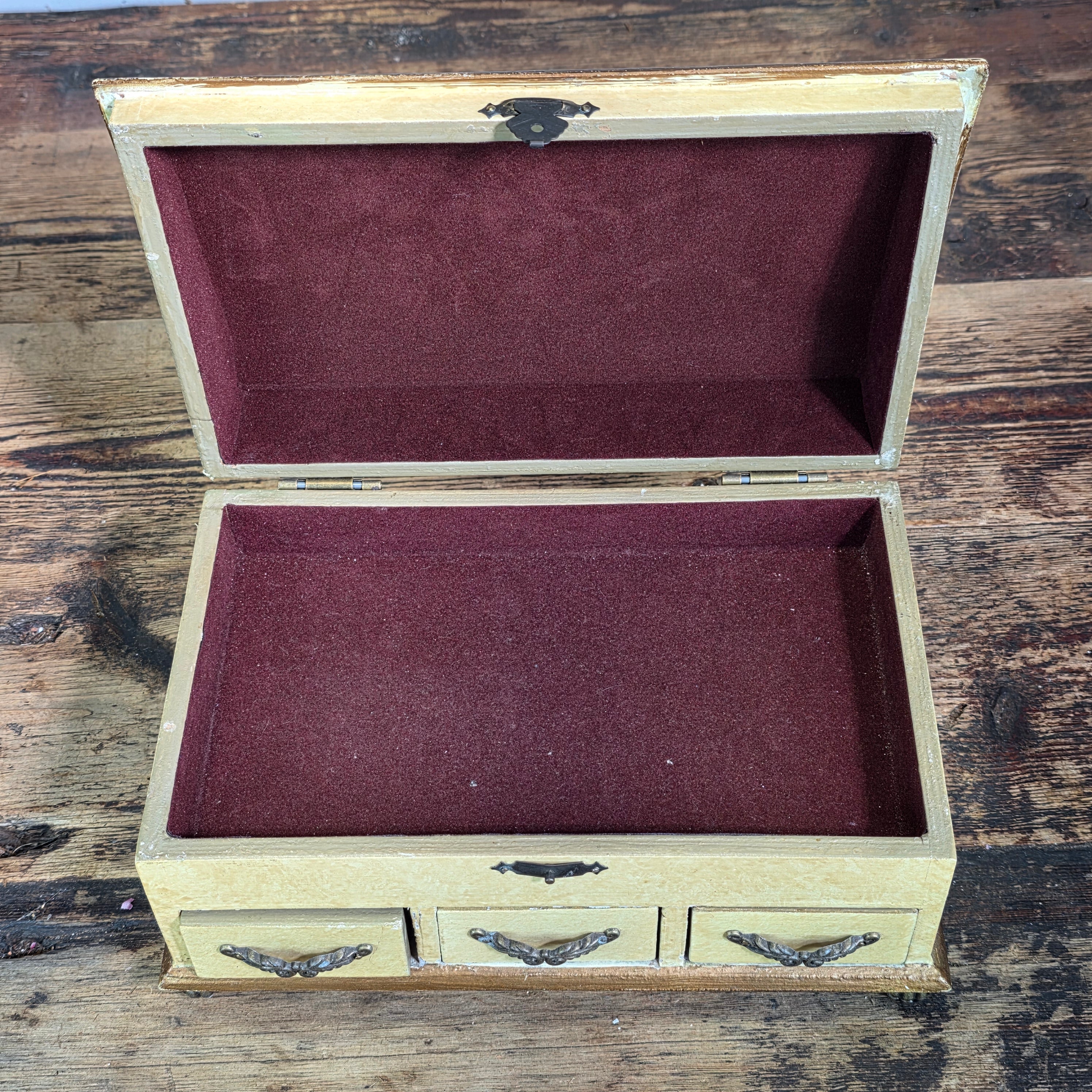 Vintage Hand Painted Wood Jewelry Box Slant Top Floral 3 Drawers Shabby Chic