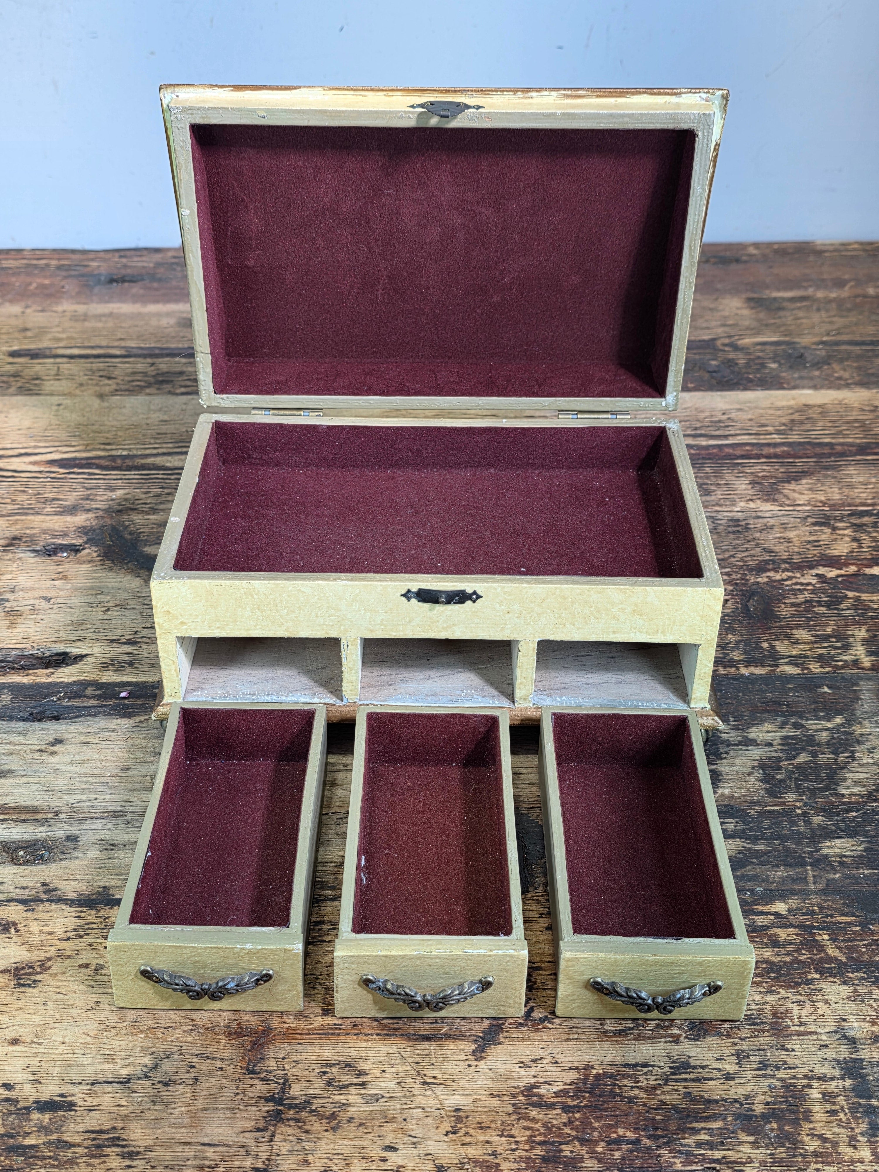 Vintage Hand Painted Wood Jewelry Box Slant Top Floral 3 Drawers Shabby Chic