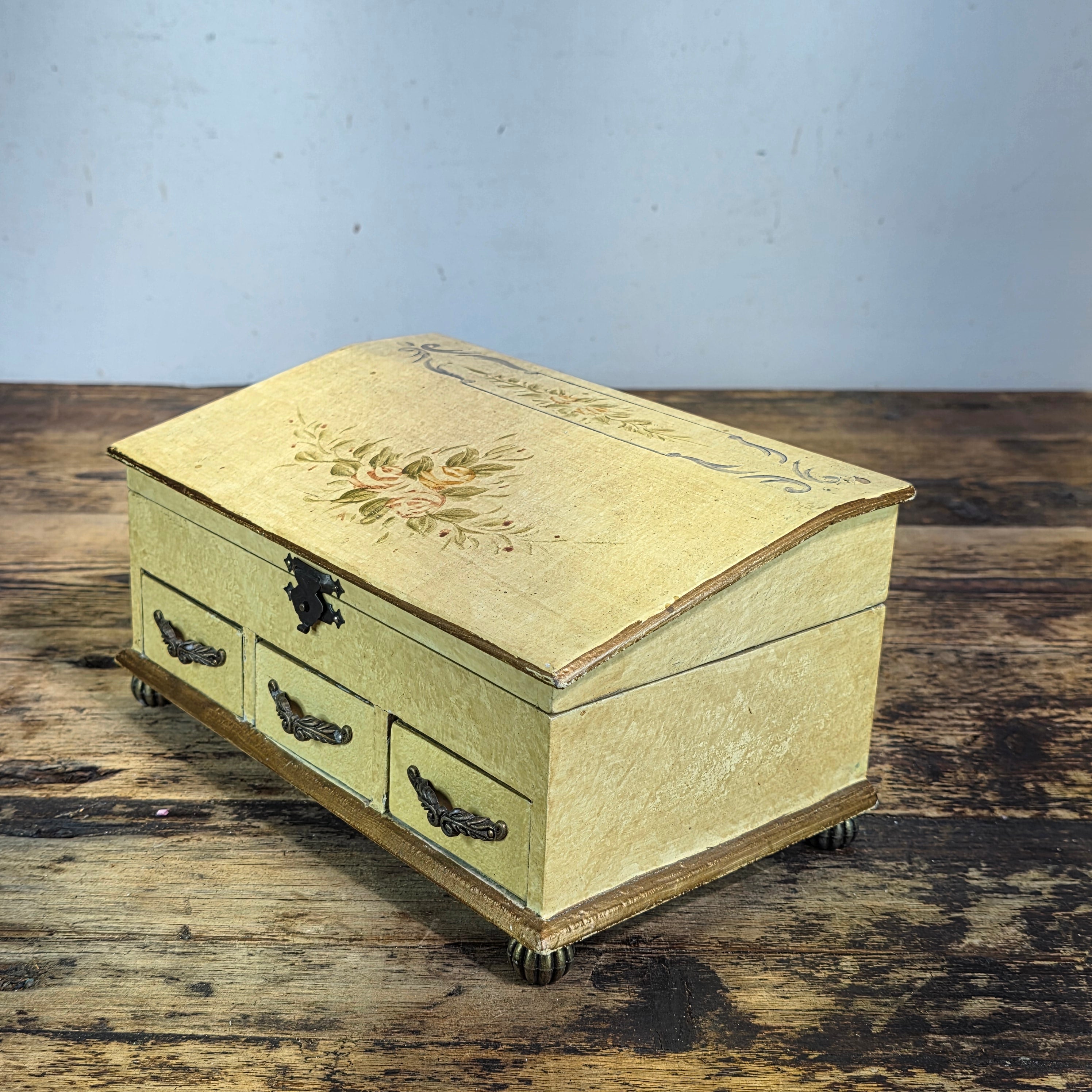 Vintage Hand Painted Wood Jewelry Box Slant Top Floral 3 Drawers Shabby Chic