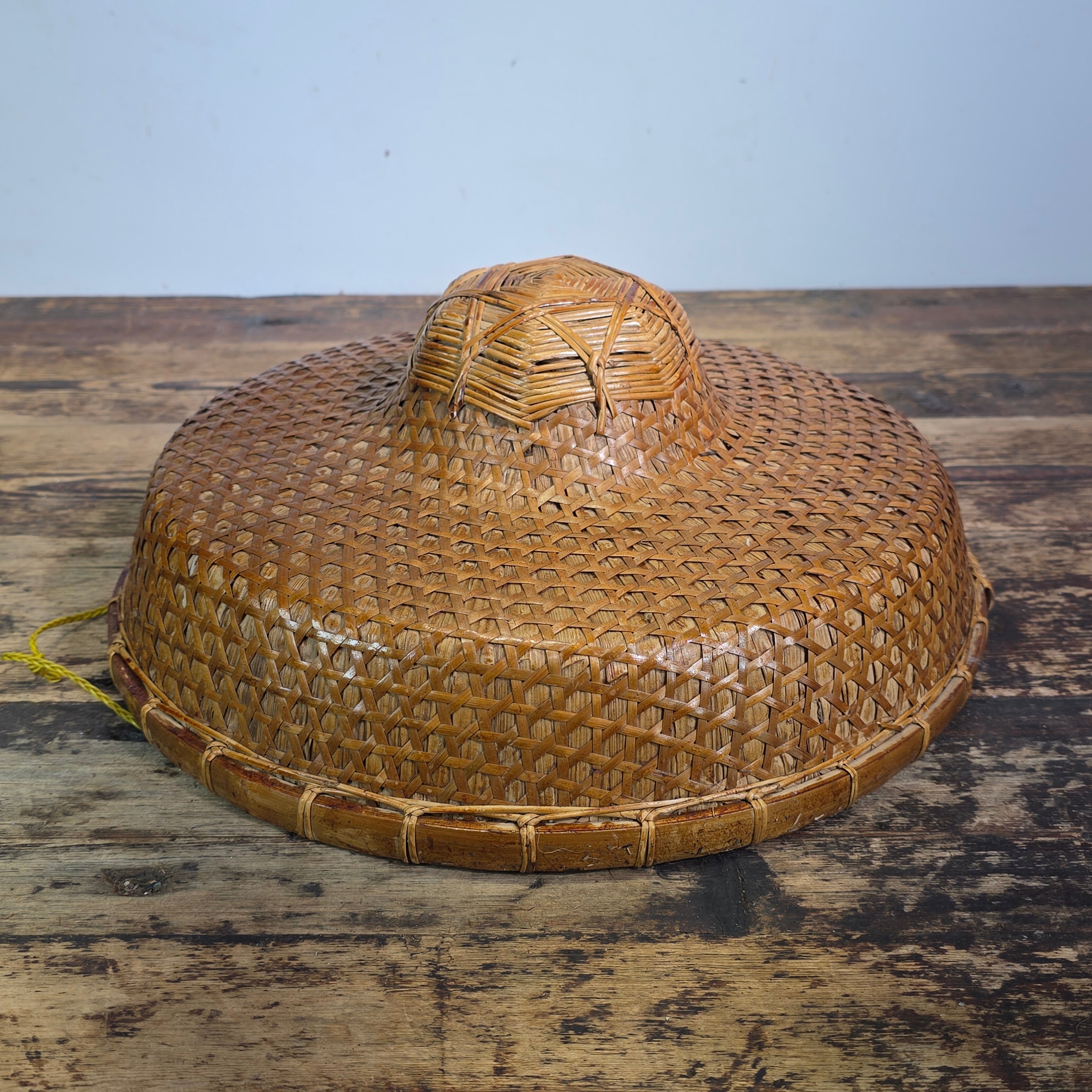Vintage Mid Century Rattan Rickshaw Hat Asian Coolie Straw Bamboo Boho Wall Deco