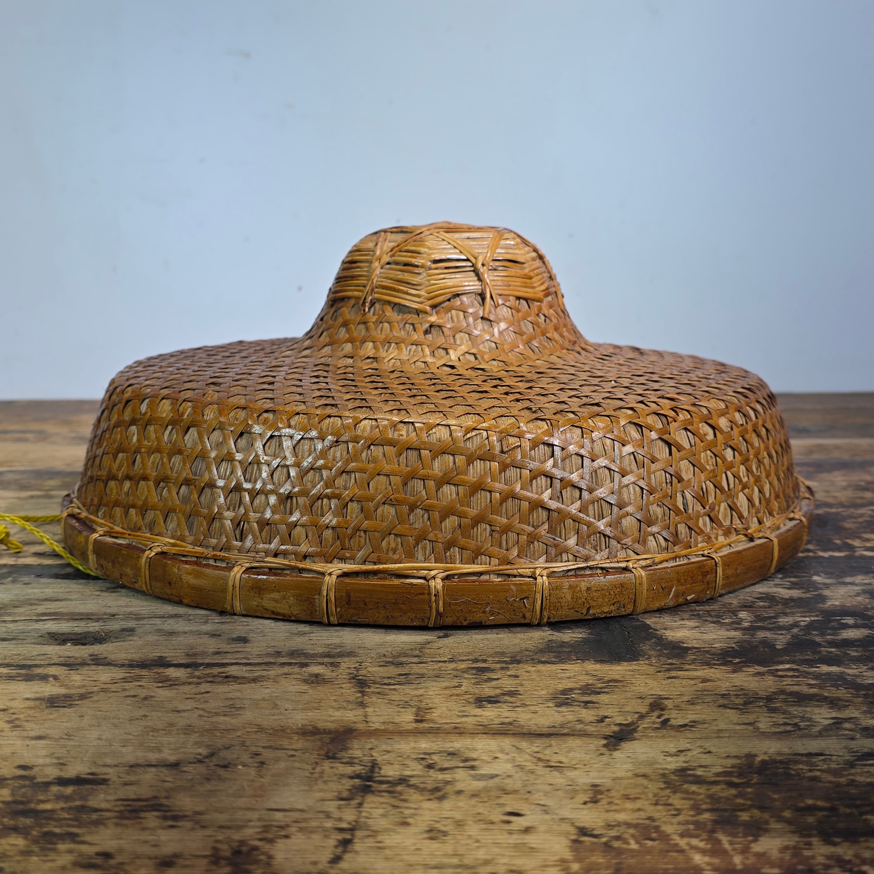 Vintage Mid Century Rattan Rickshaw Hat Asian Coolie Straw Bamboo Boho Wall Deco
