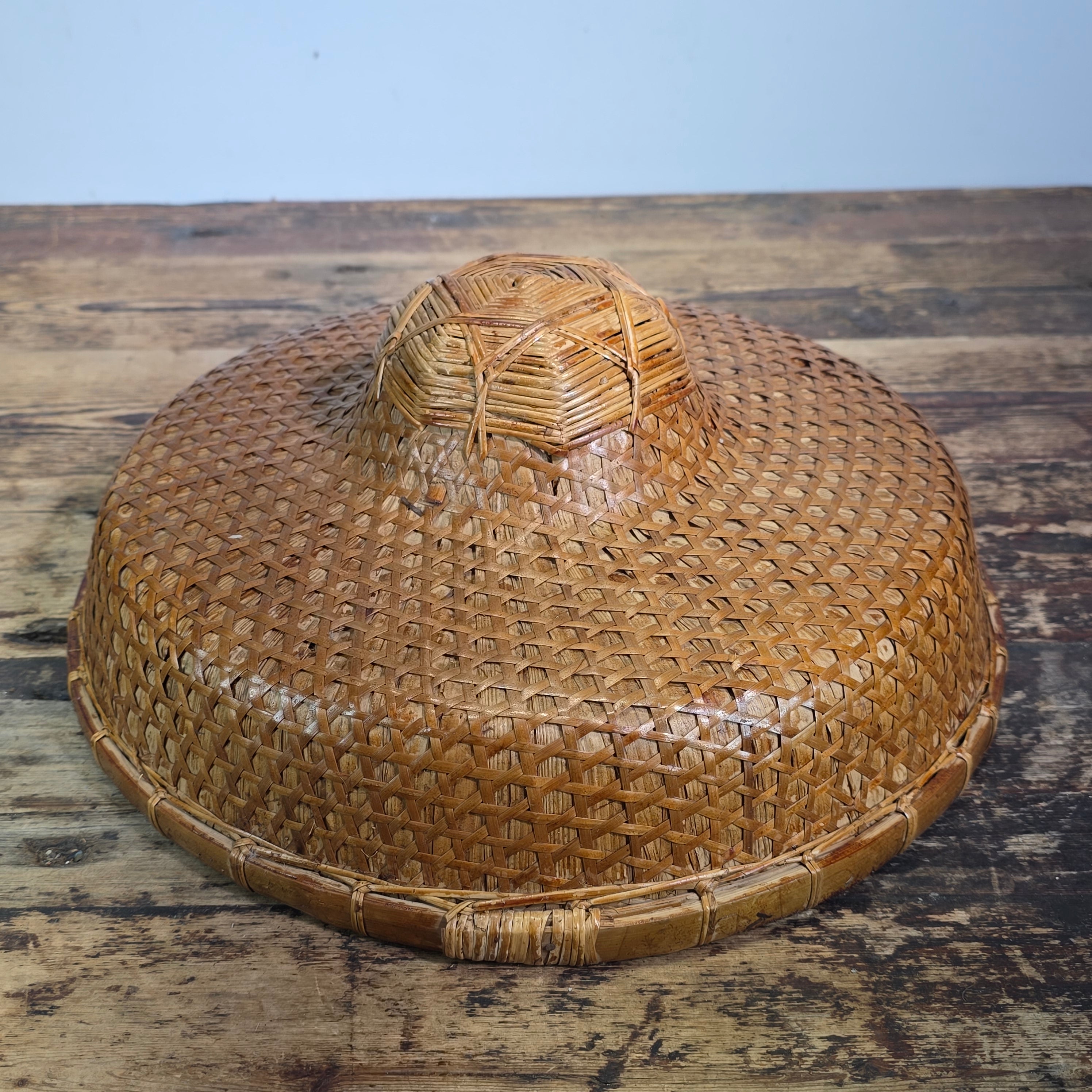 Vintage Mid Century Rattan Rickshaw Hat Asian Coolie Straw Bamboo Boho Wall Deco