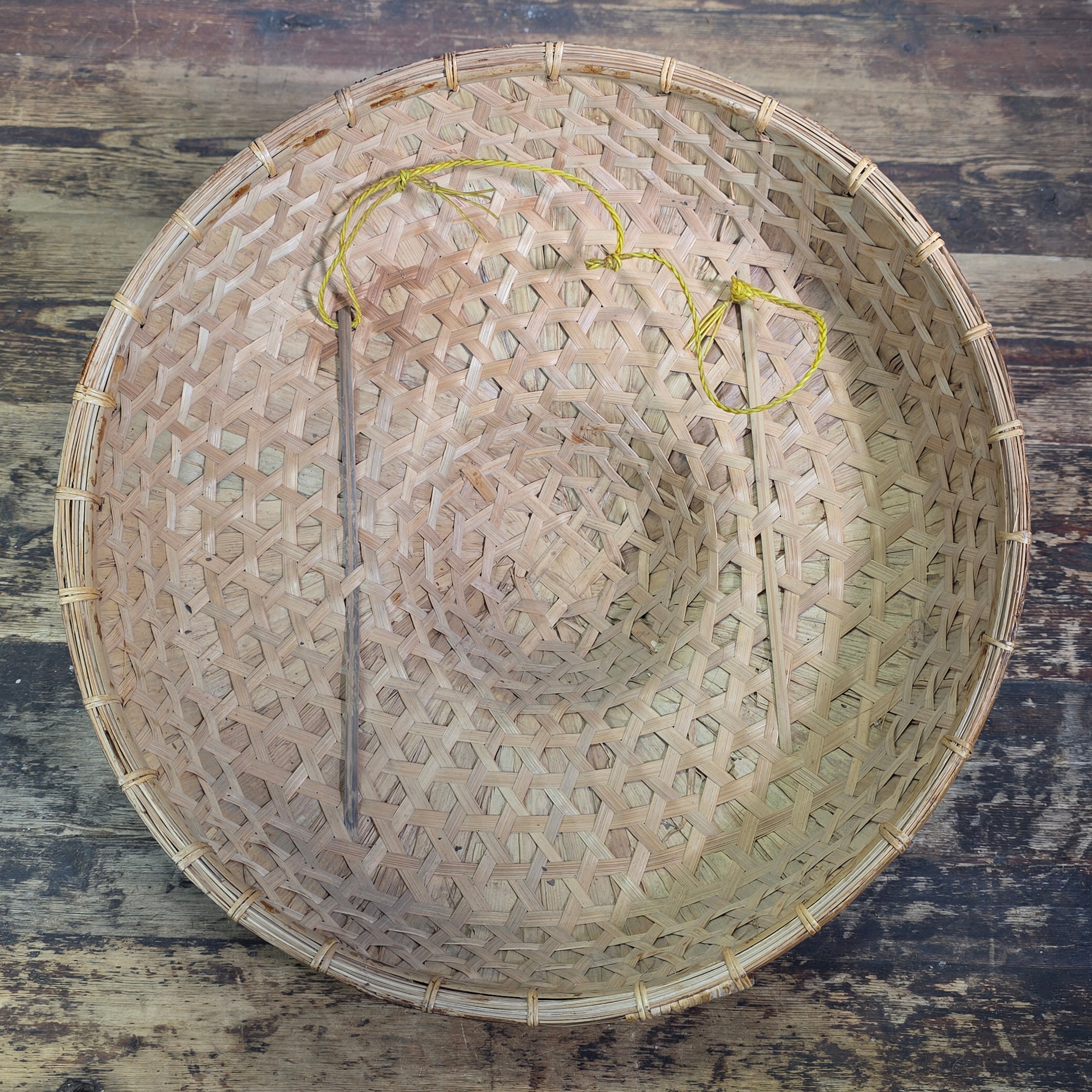 Vintage Mid Century Rattan Rickshaw Hat Asian Coolie Straw Bamboo Boho Wall Deco
