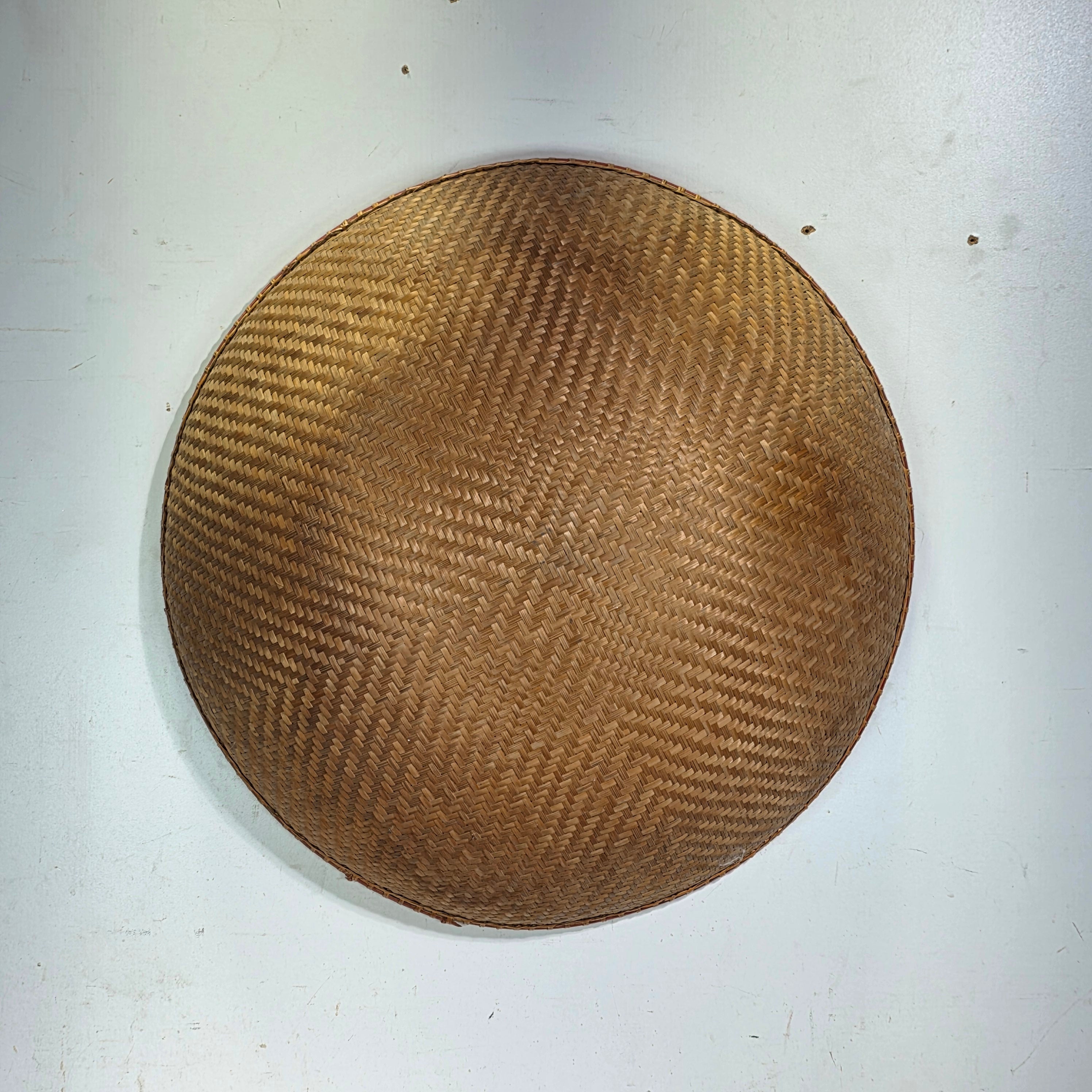 Vintage Mid Century Bamboo Rattan Rice Hat Asian Coolie Dome Boho Wall Decor Red